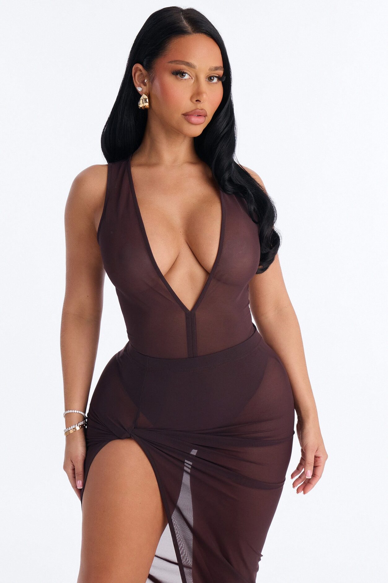 Power Mesh Deep V Neck Sleeveless Bodysuit - Chocolate