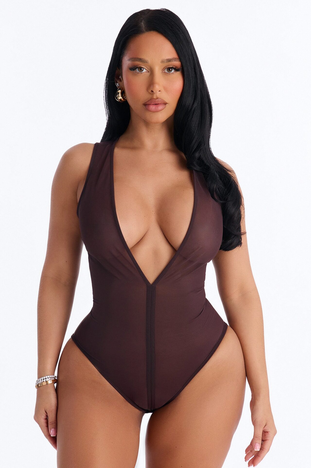 Power Mesh Deep V Neck Sleeveless Bodysuit - Chocolate