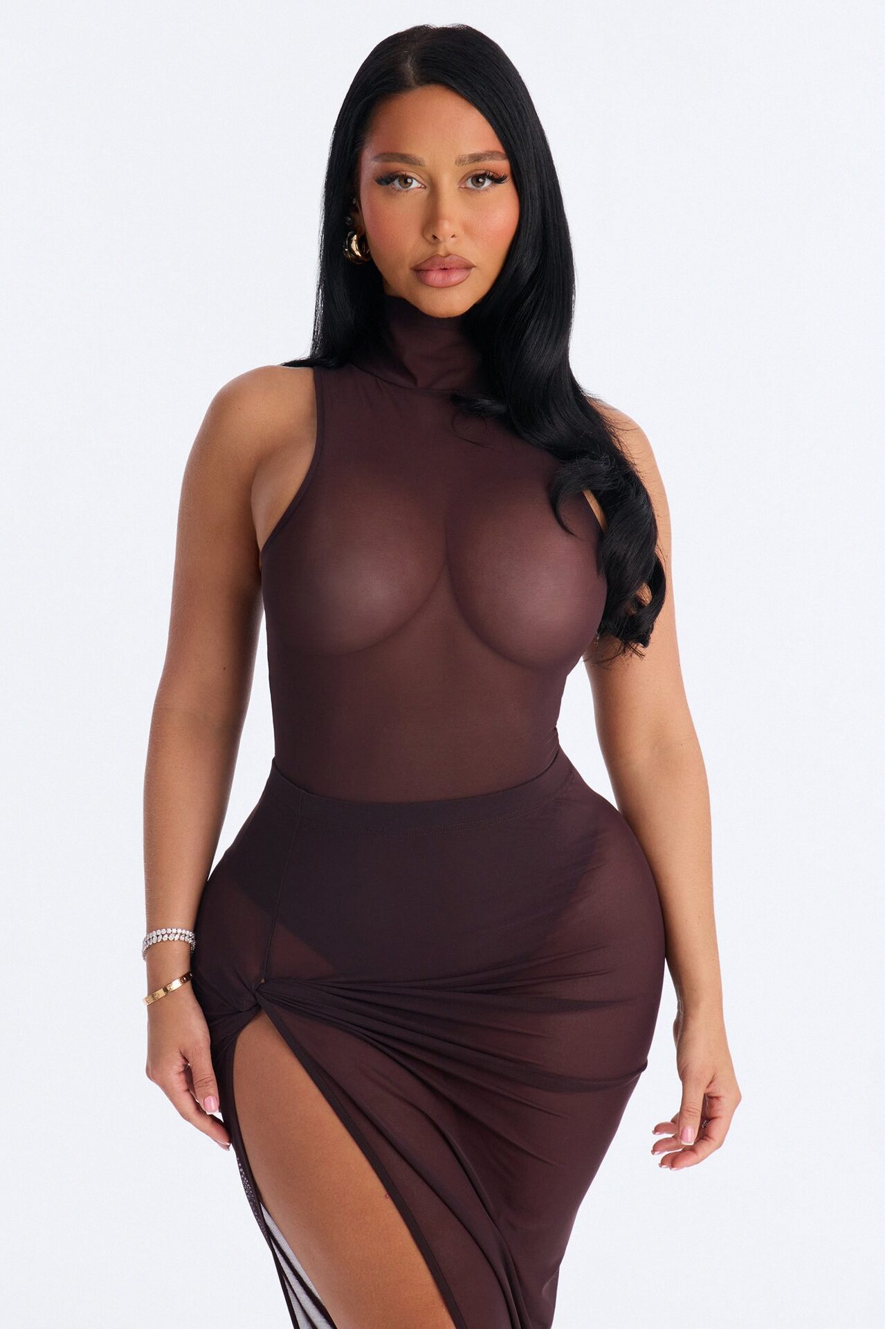 Power Mesh Turtle Neck Sleeveless Bodysuit - Chocolate