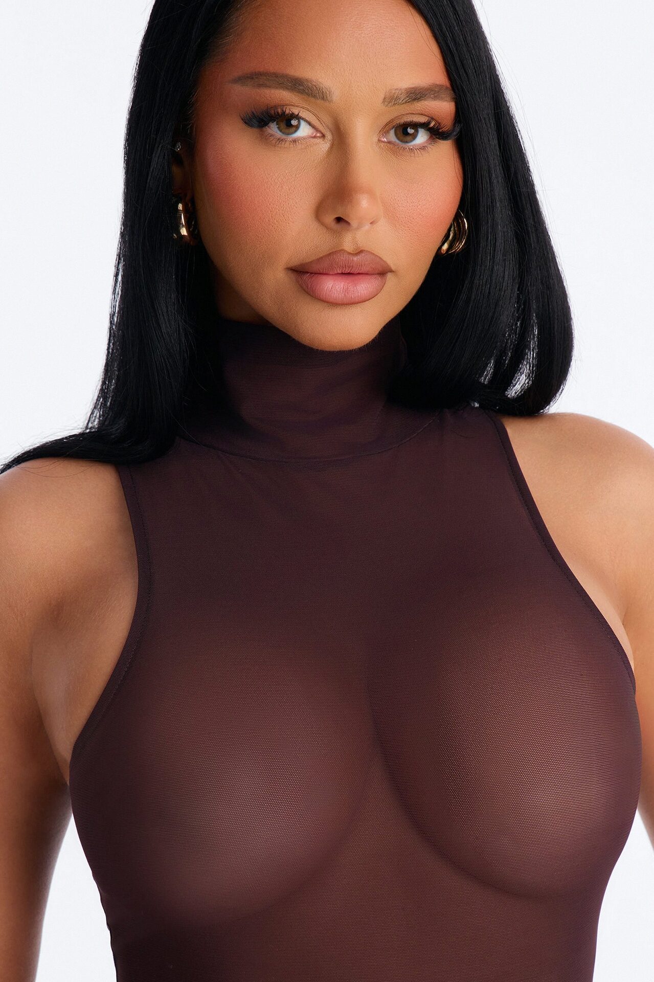Power Mesh Turtle Neck Sleeveless Bodysuit - Chocolate