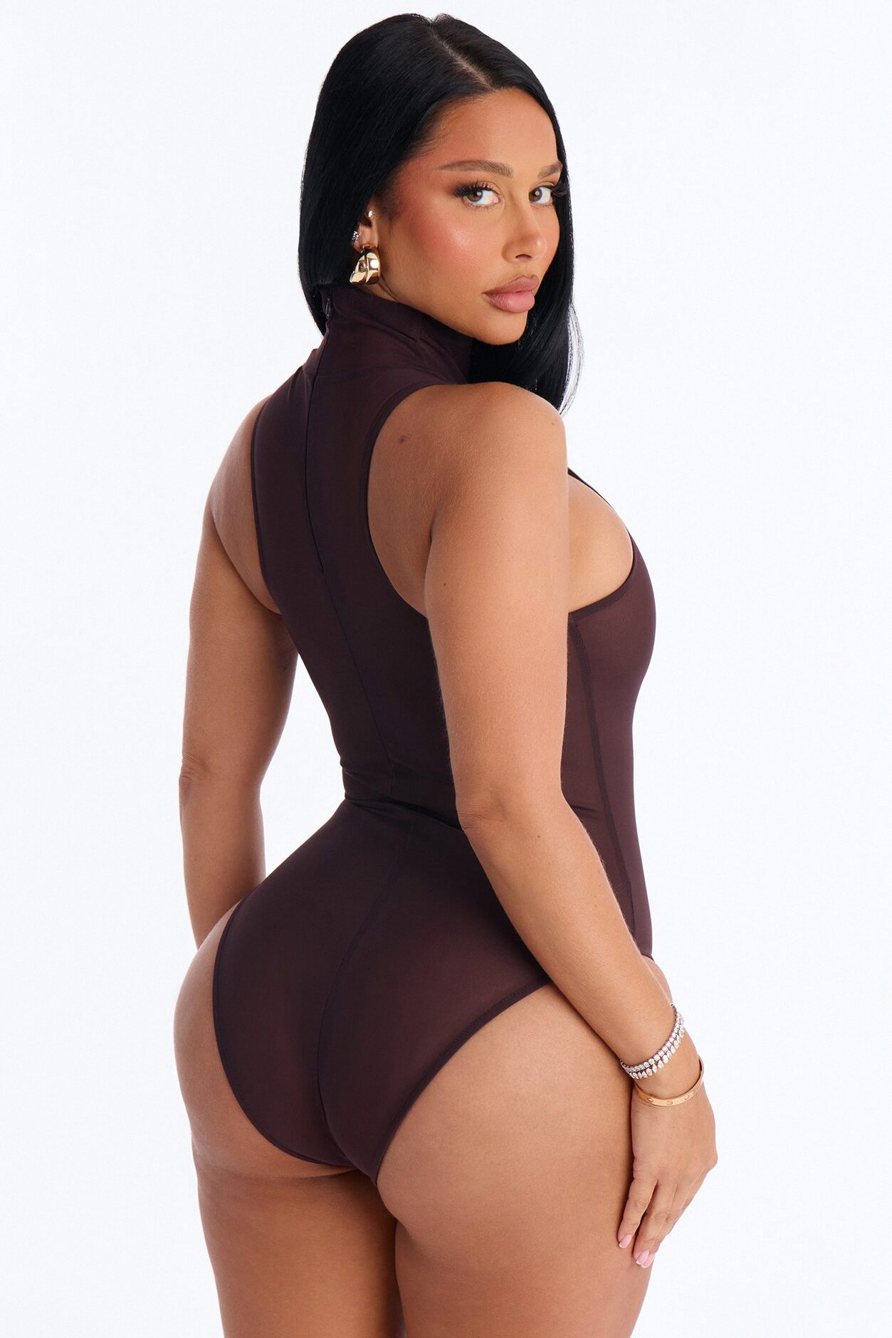 Power Mesh Turtle Neck Sleeveless Bodysuit - Chocolate