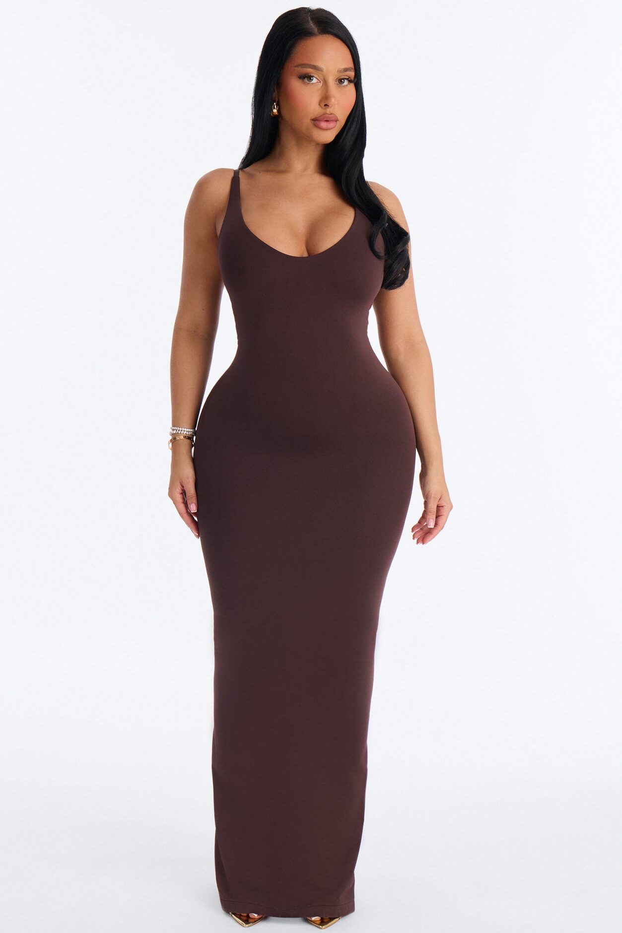 Seamless Smooth Double Lined Scoop Neck Maxi Dress - Chocolate