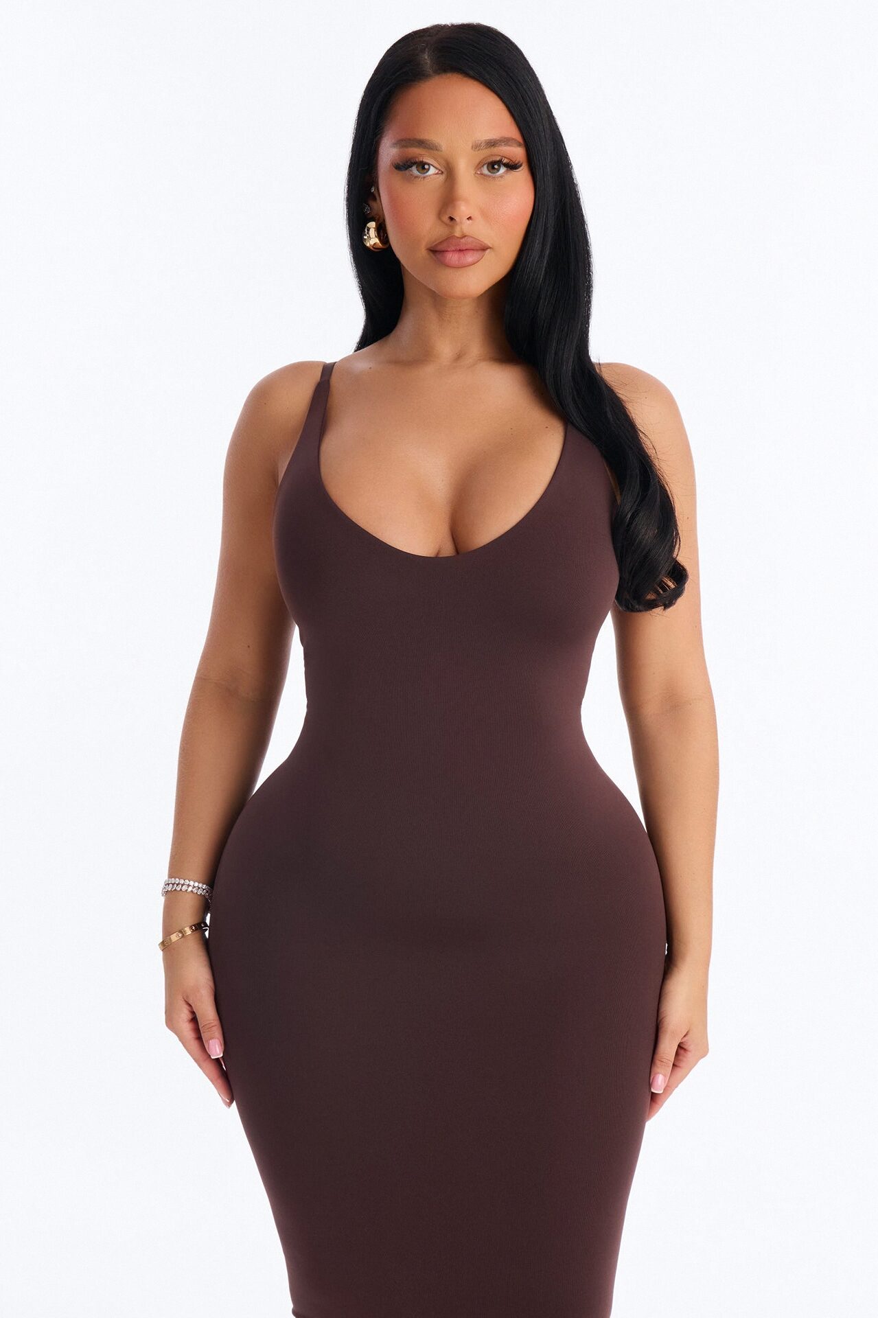 Seamless Smooth Double Lined Scoop Neck Maxi Dress - Chocolate