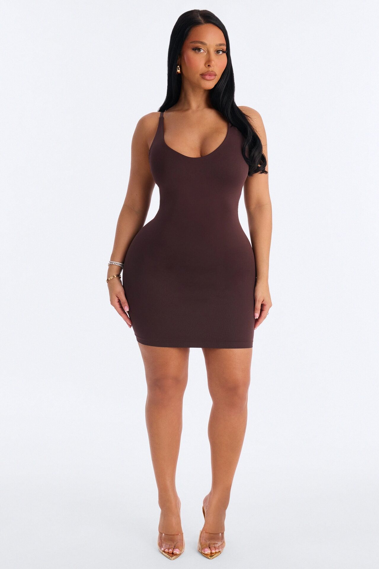 Seamless Smooth Double Lined Scoop Neck Mini Dress - Chocolate