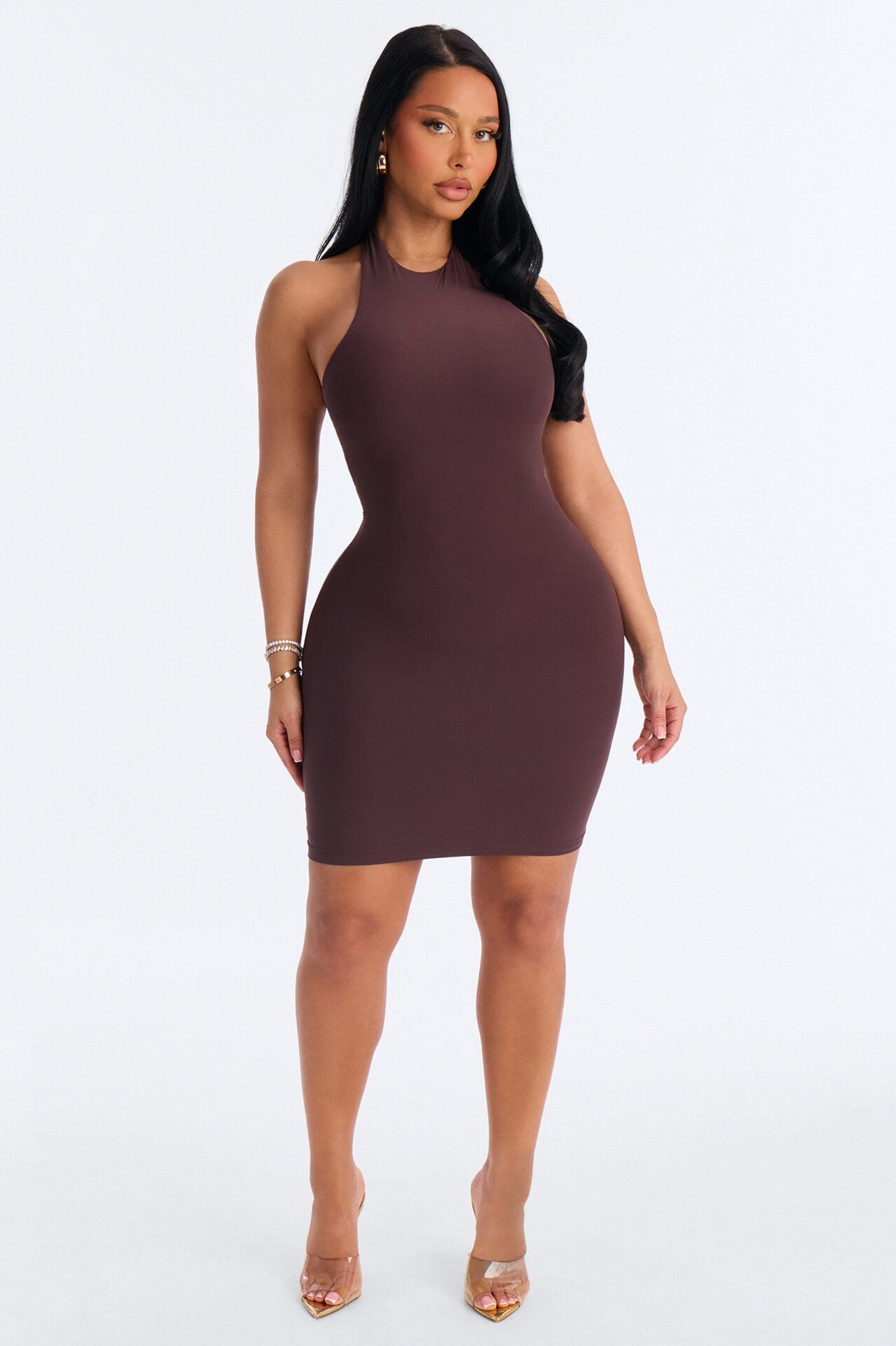 Second Skin Bra Pad Sleeveless Halter Mini Dress - Chocolate