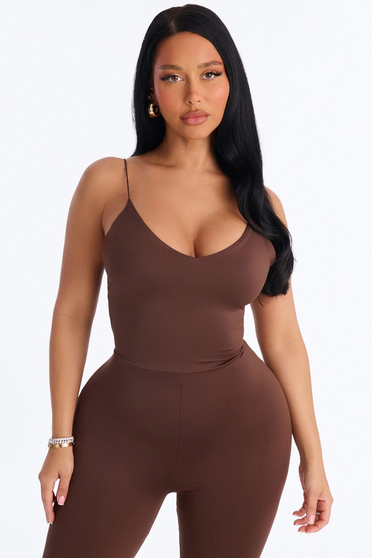 Contour Double Lined Spaghetti Strap Scoop Neck Jumpsuit - Chocolate