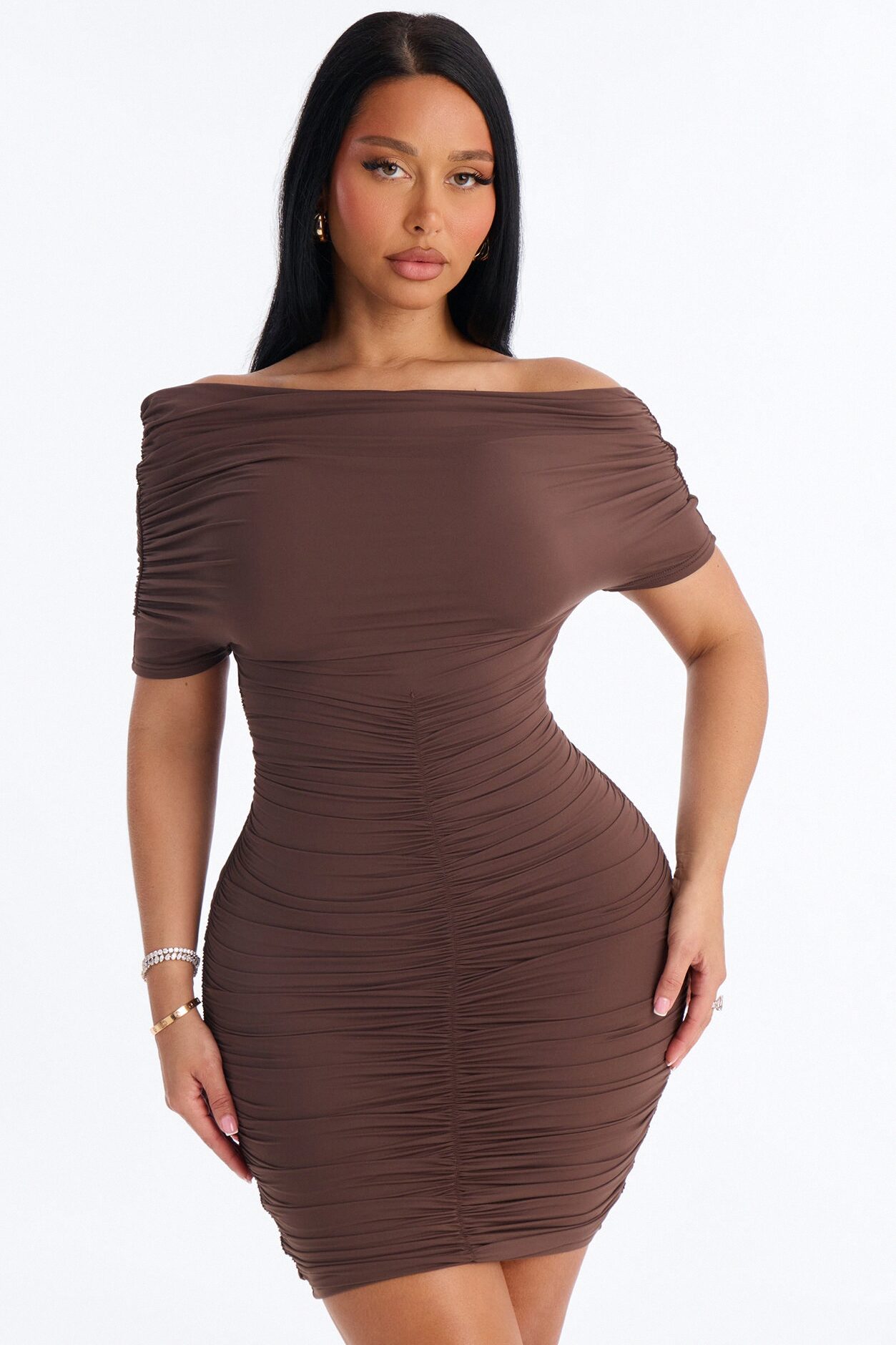 Second Skin Double Lined Off Shoulder Ruched Mini Dress - Chocolate