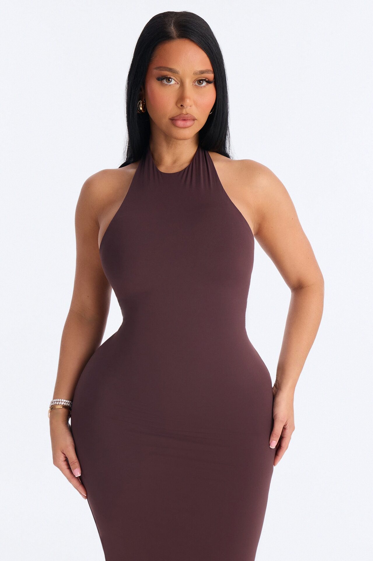 Second Skin Bra Pad Sleeveless Halter Maxi Dress - Chocolate