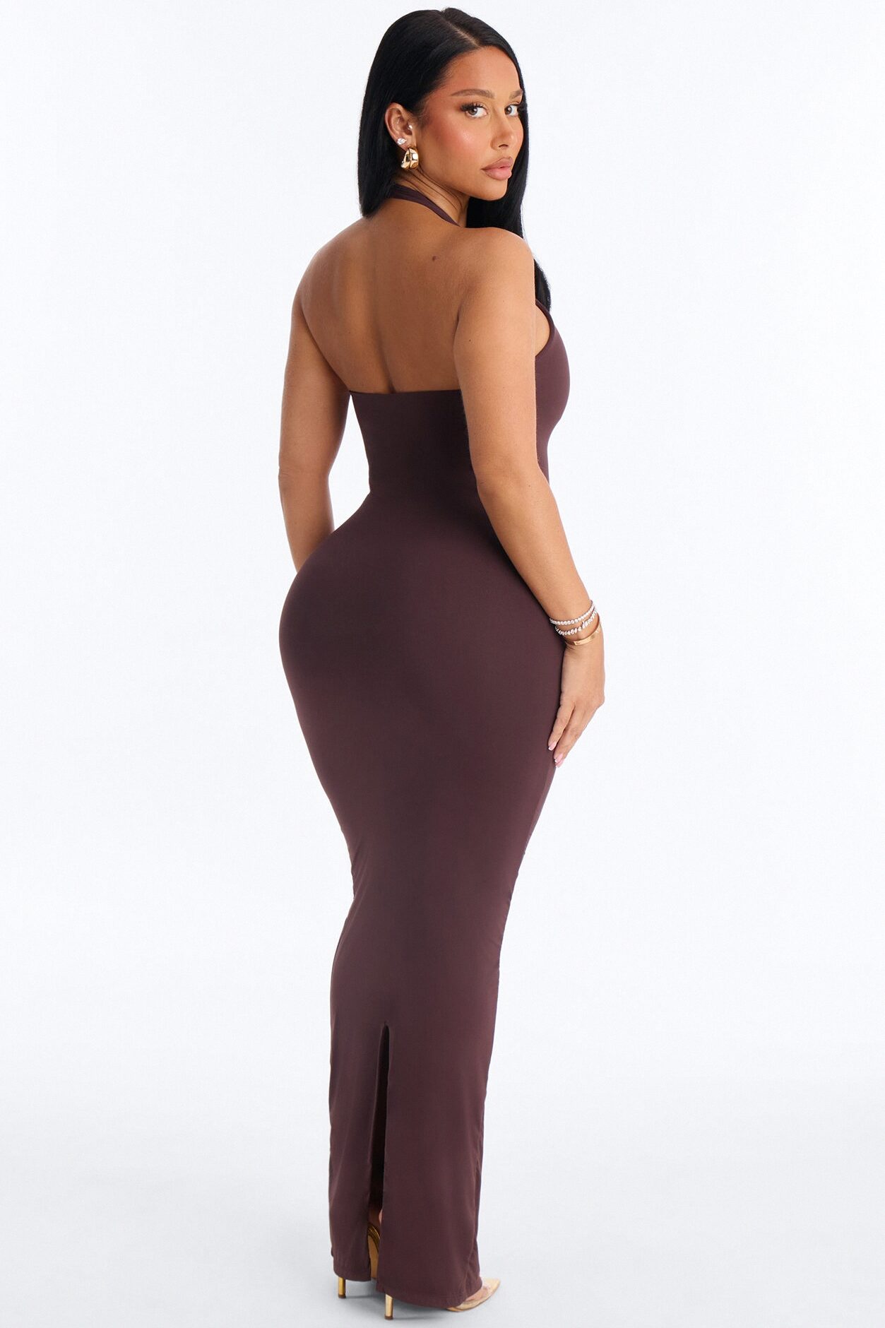Second Skin Bra Pad Sleeveless Halter Maxi Dress - Chocolate