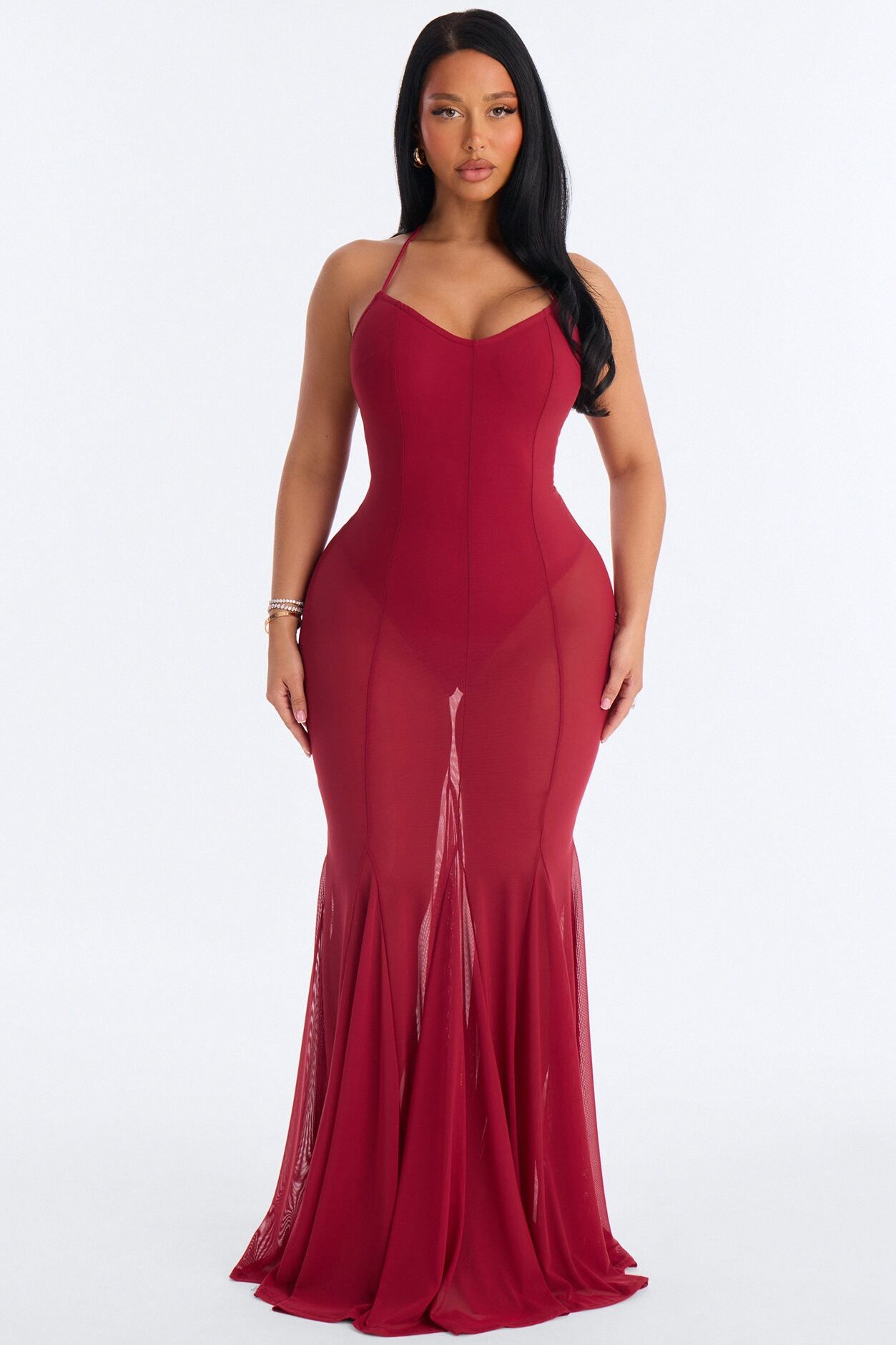 Power Mesh V Neck Halter Maxi Dress - DarkRed