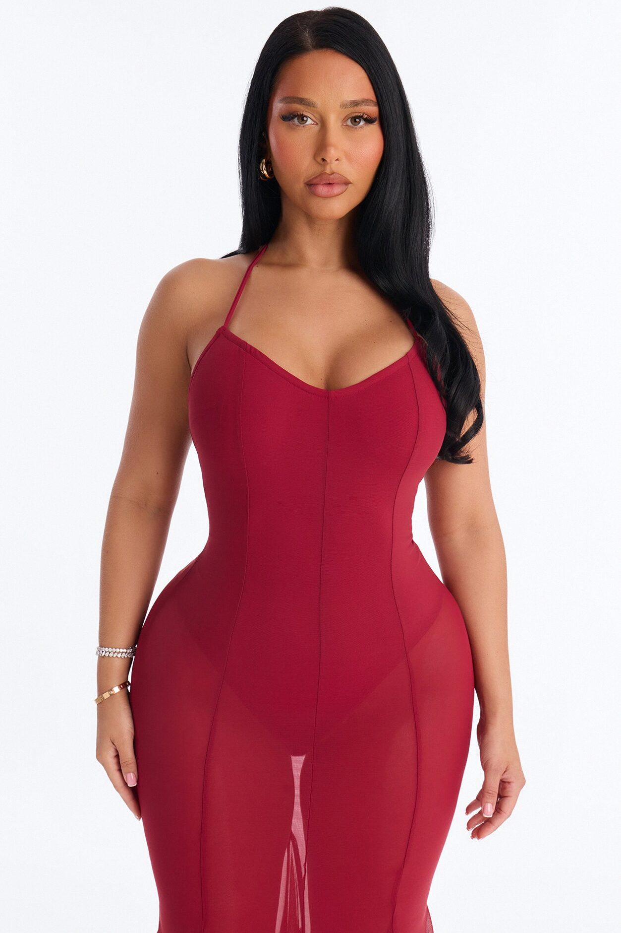 Power Mesh V Neck Halter Maxi Dress - DarkRed