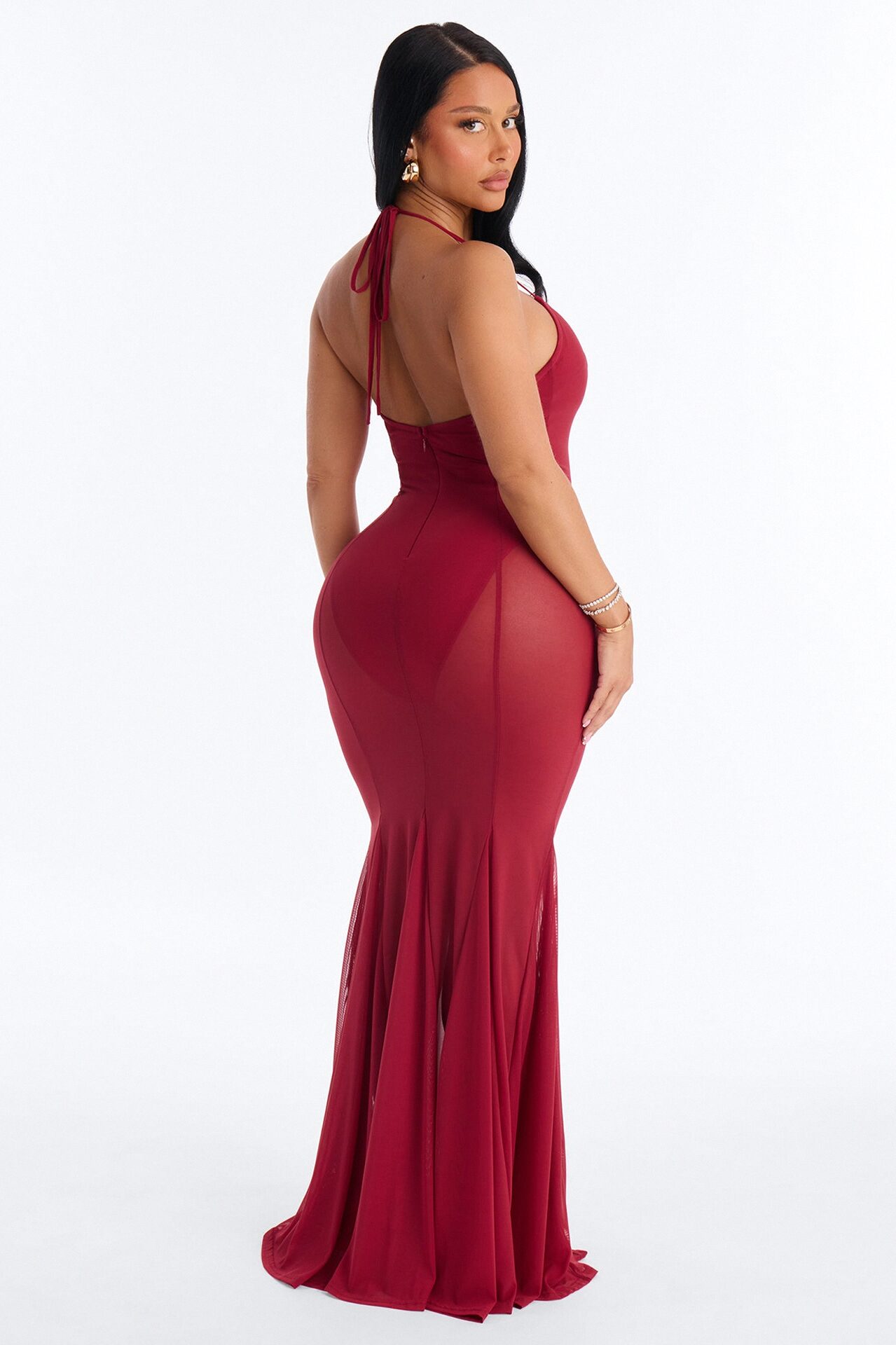 Power Mesh V Neck Halter Maxi Dress - DarkRed