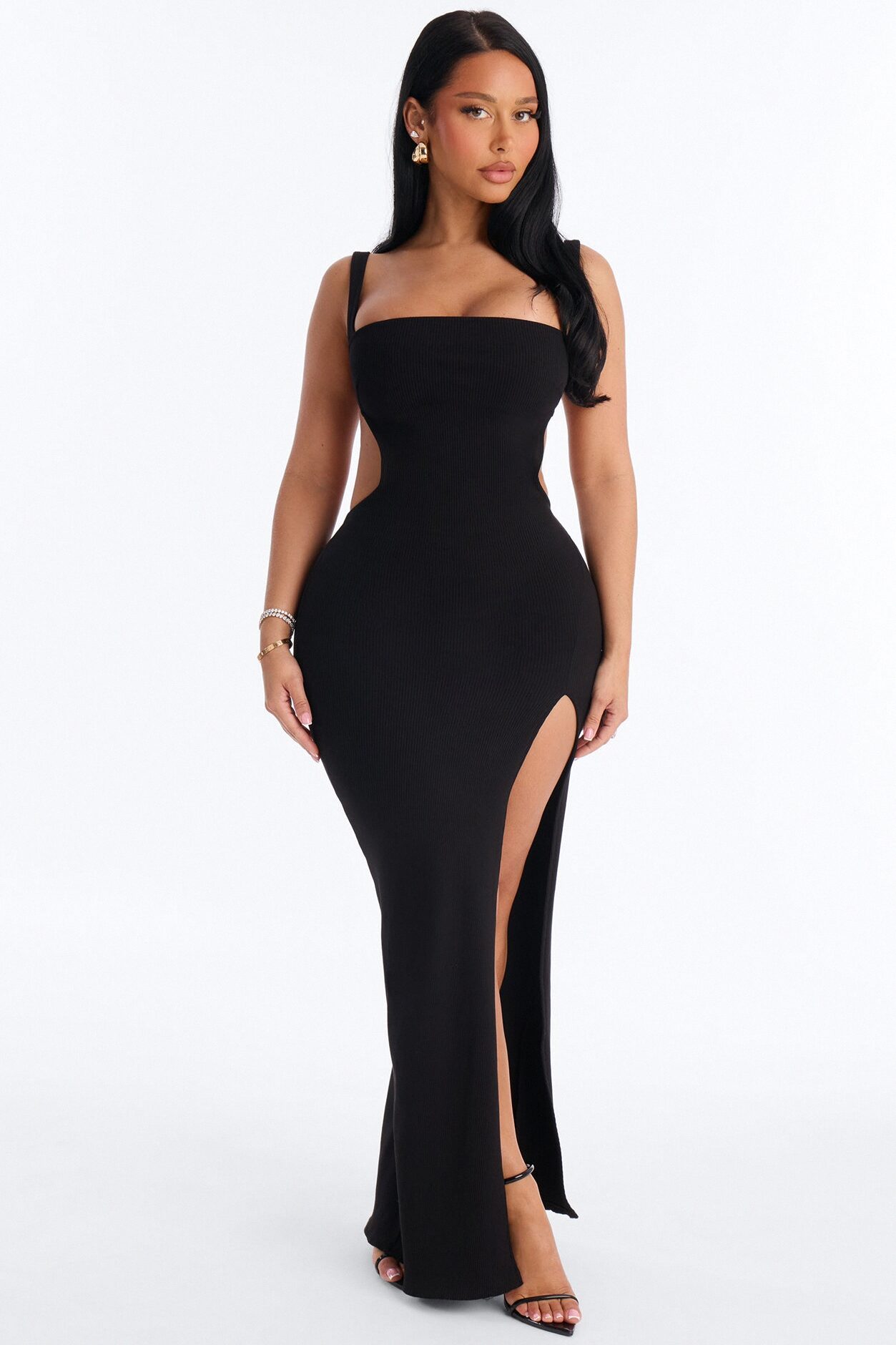 Olivia Snatched High Slit Maxi Dress - Black