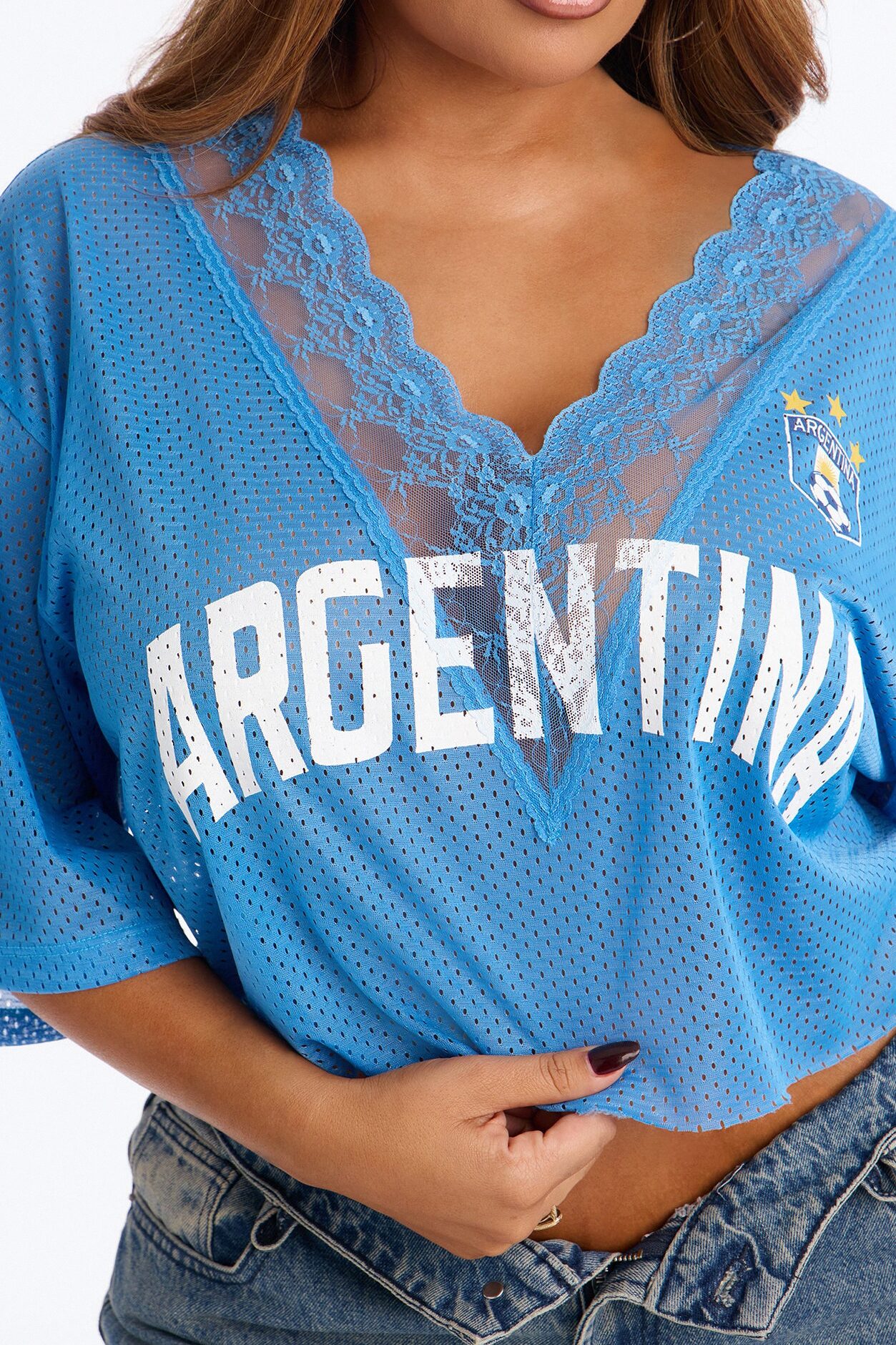 Argentina Lace Cropped Jersey - Light Blue