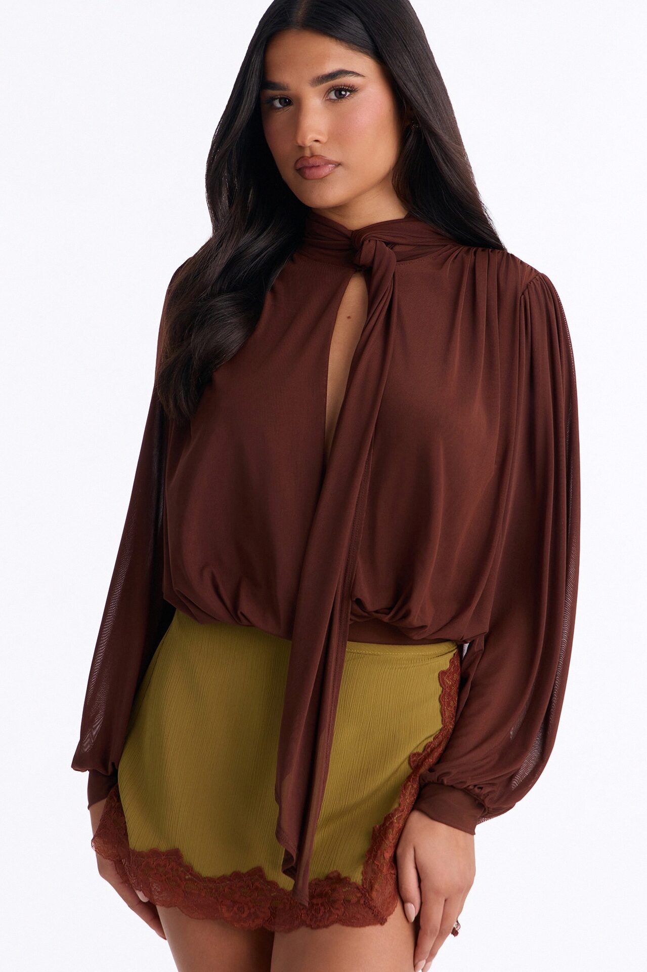 Melinna Mesh Scarf Long Sleeve Bodysuit - Chocolate