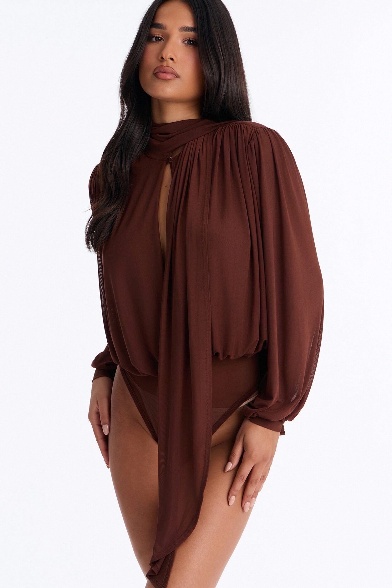 Melinna Mesh Scarf Long Sleeve Bodysuit - Chocolate