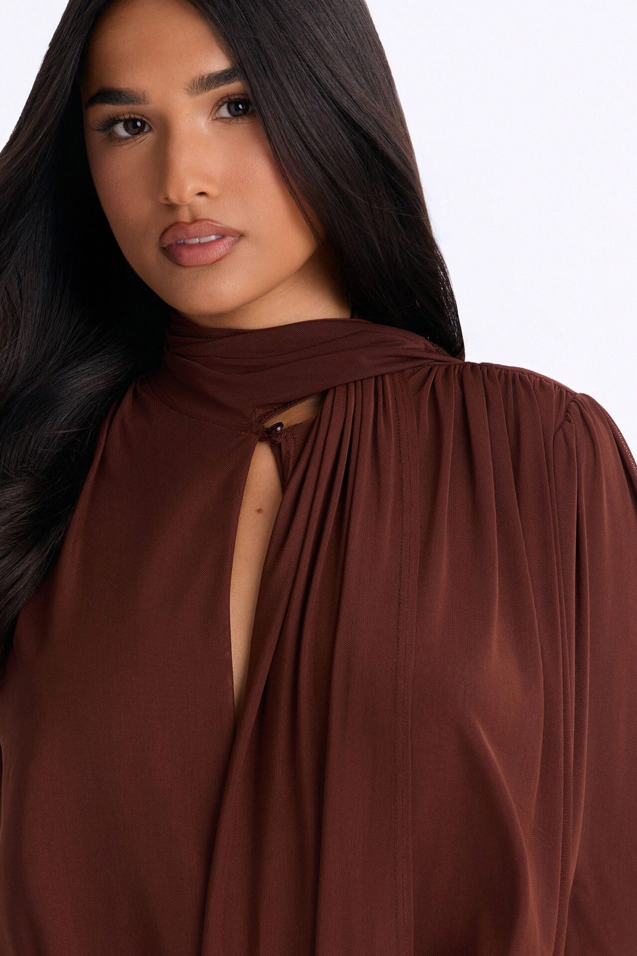 Melinna Mesh Scarf Long Sleeve Bodysuit - Chocolate