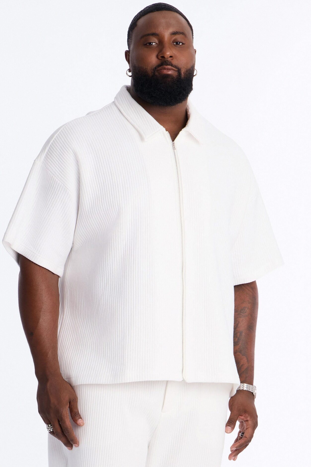 Textured Oversized Fleece Zip Up Shirt - Cream