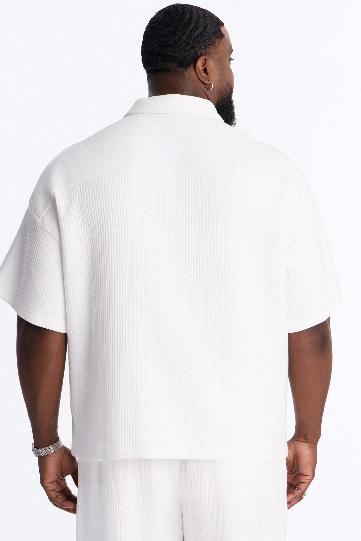 Textured Oversized Fleece Zip Up Shirt - Cream
