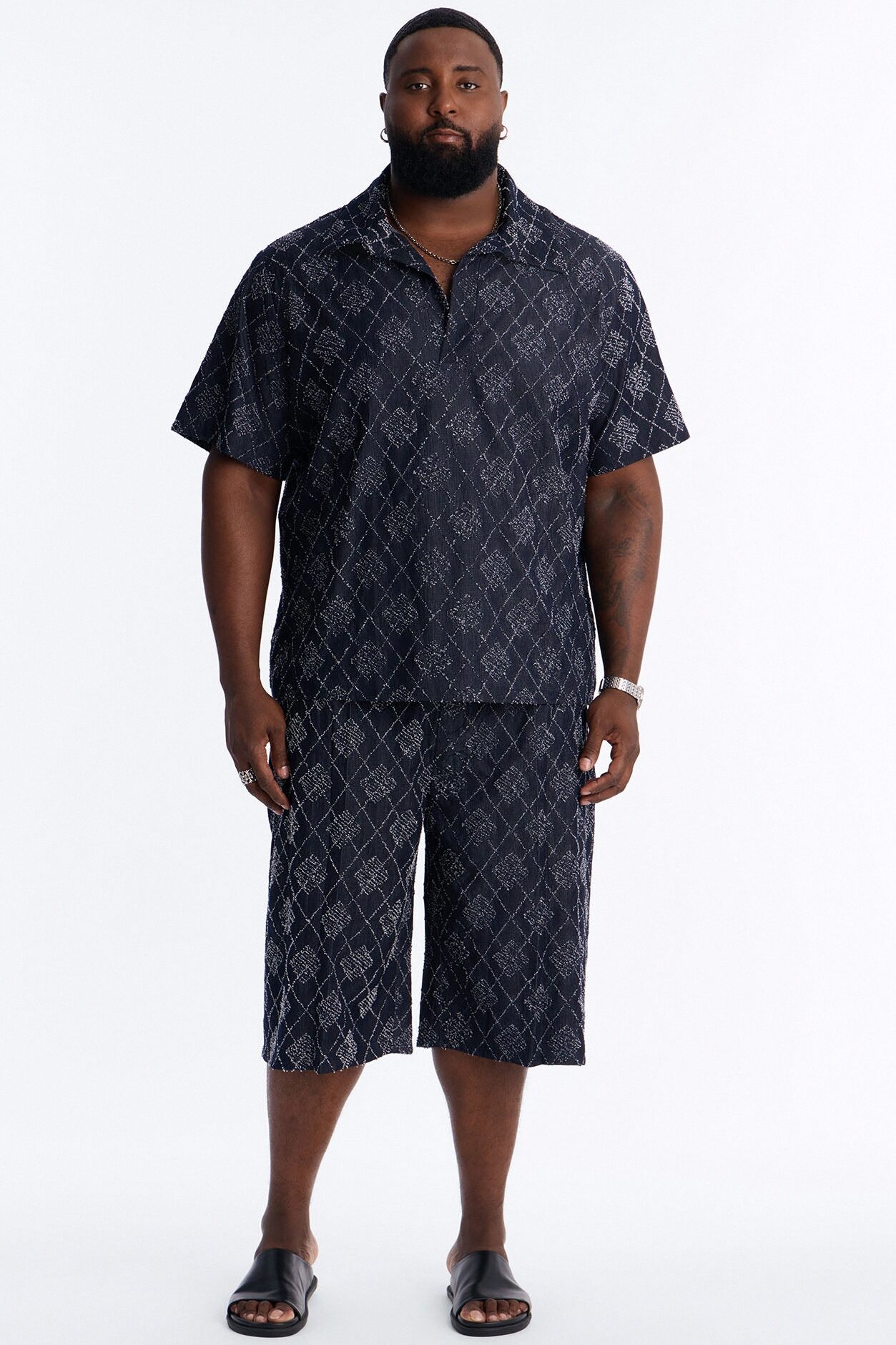 Diamond Frayed Jacquard Polo - Navy