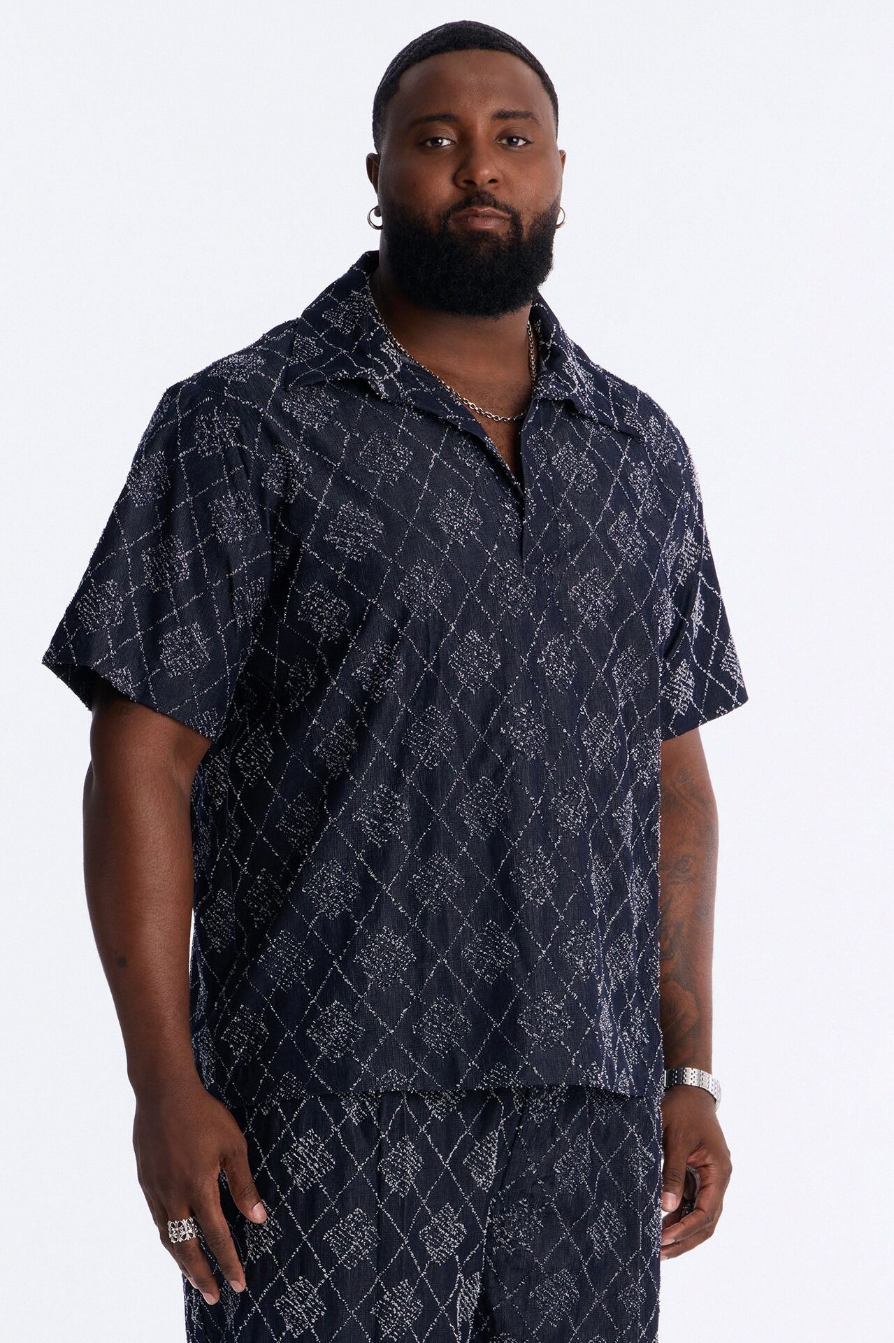 Diamond Frayed Jacquard Polo - Navy