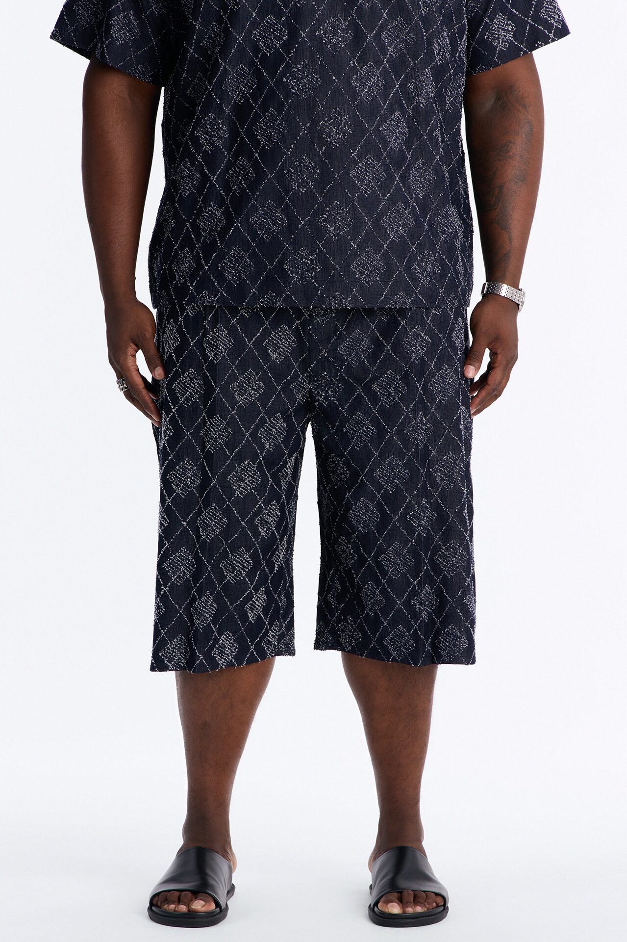 Baggy Diamond Frayed Jacquard Long Short - Navy