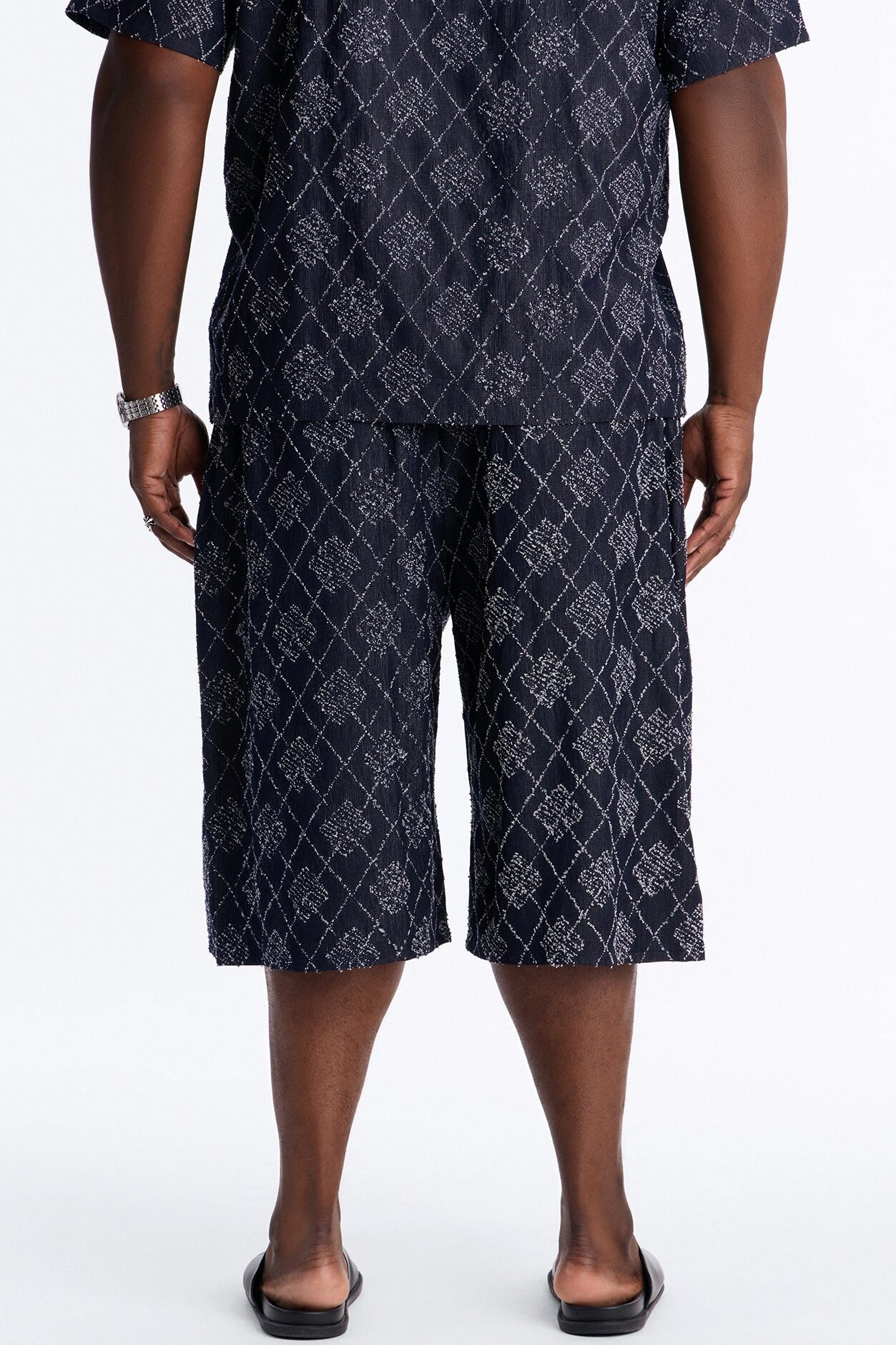 Baggy Diamond Frayed Jacquard Long Short - Navy