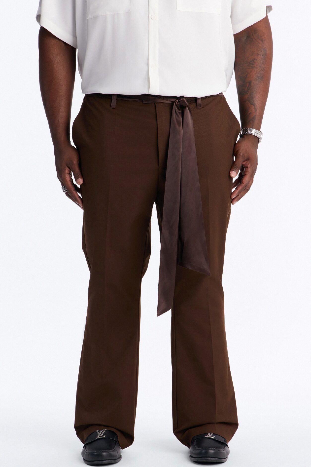 Satin Wrapped Waistband Straight Flare Trouser - Brown