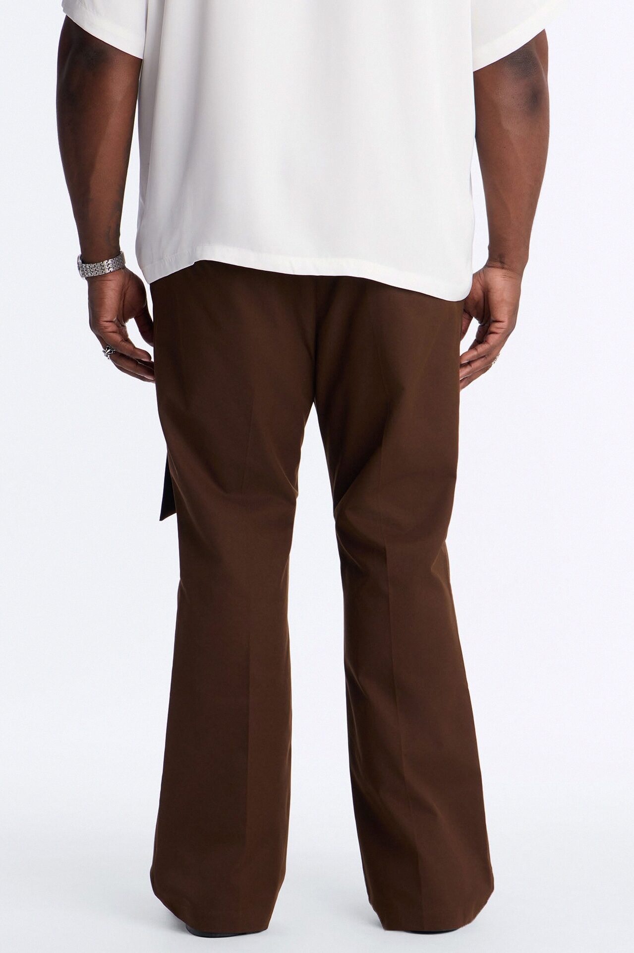 Satin Wrapped Waistband Straight Flare Trouser - Brown