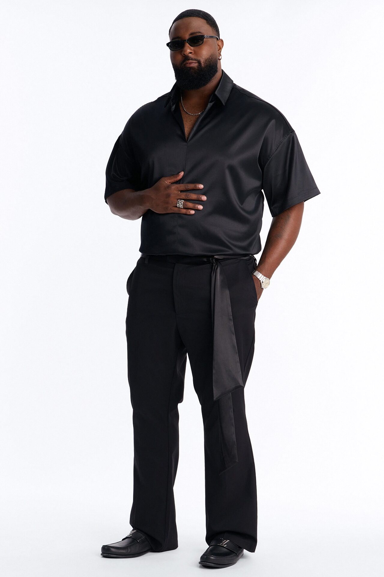 Satin Wrapped Waistband Straight Flare Trouser - Black