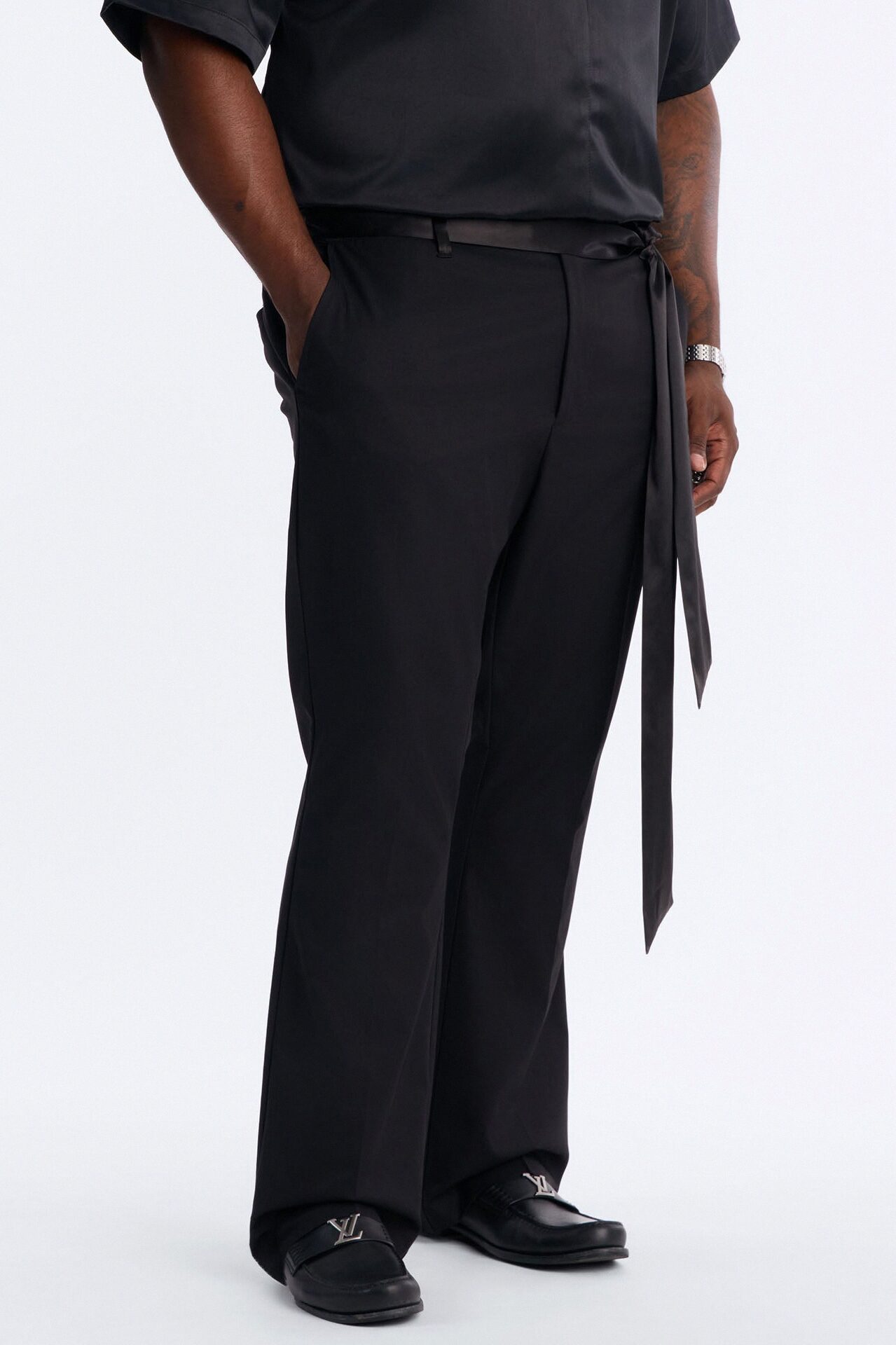 Satin Wrapped Waistband Straight Flare Trouser - Black