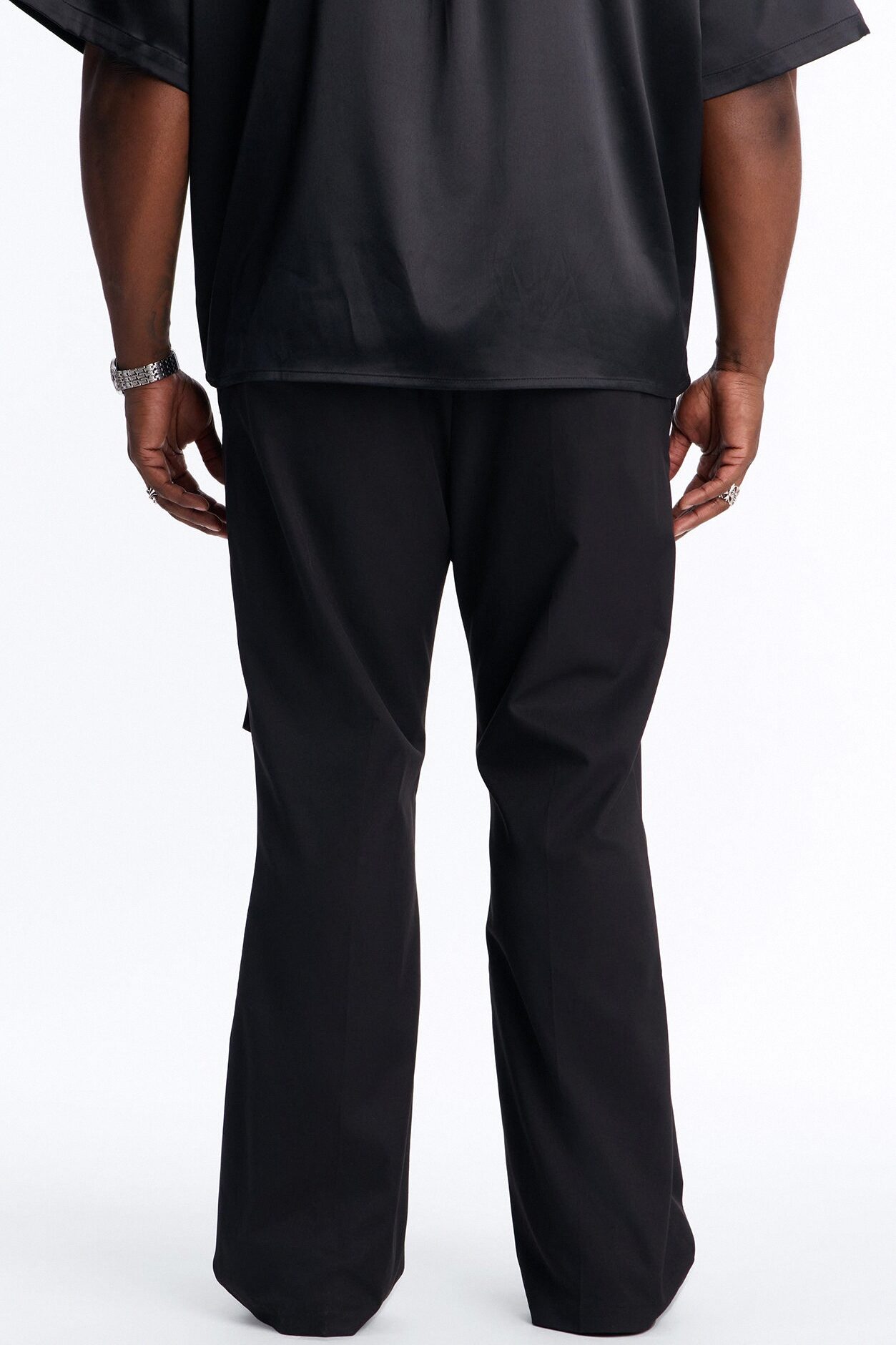 Satin Wrapped Waistband Straight Flare Trouser - Black