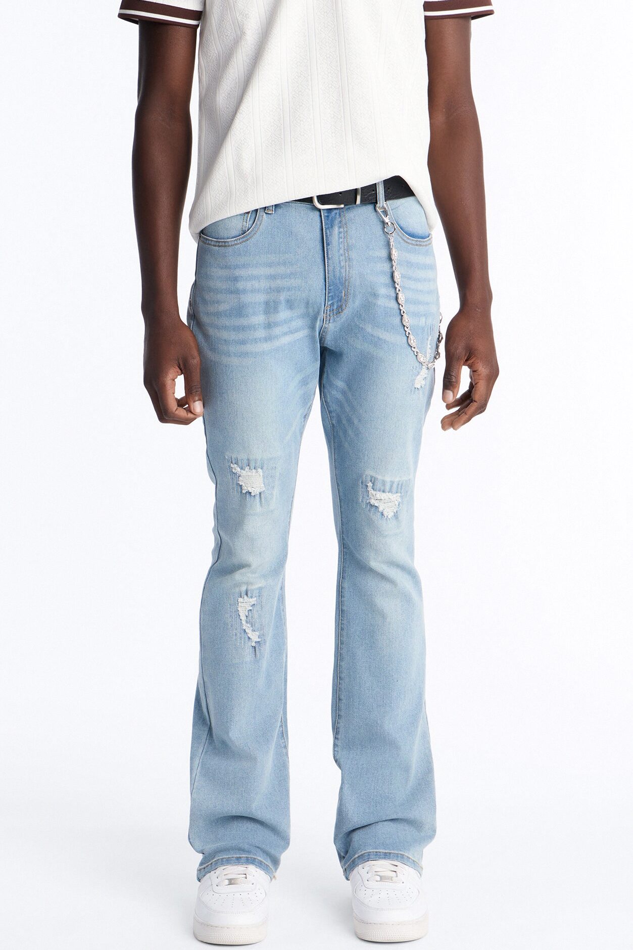 Stacked Skinny Flare Threaded Destroyed Jeans - Light Blue Wash
