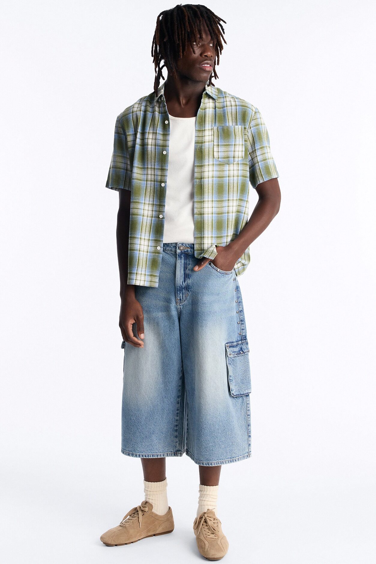 Super Baggy Studded Cargo Denim Short - Medium Blue Wash