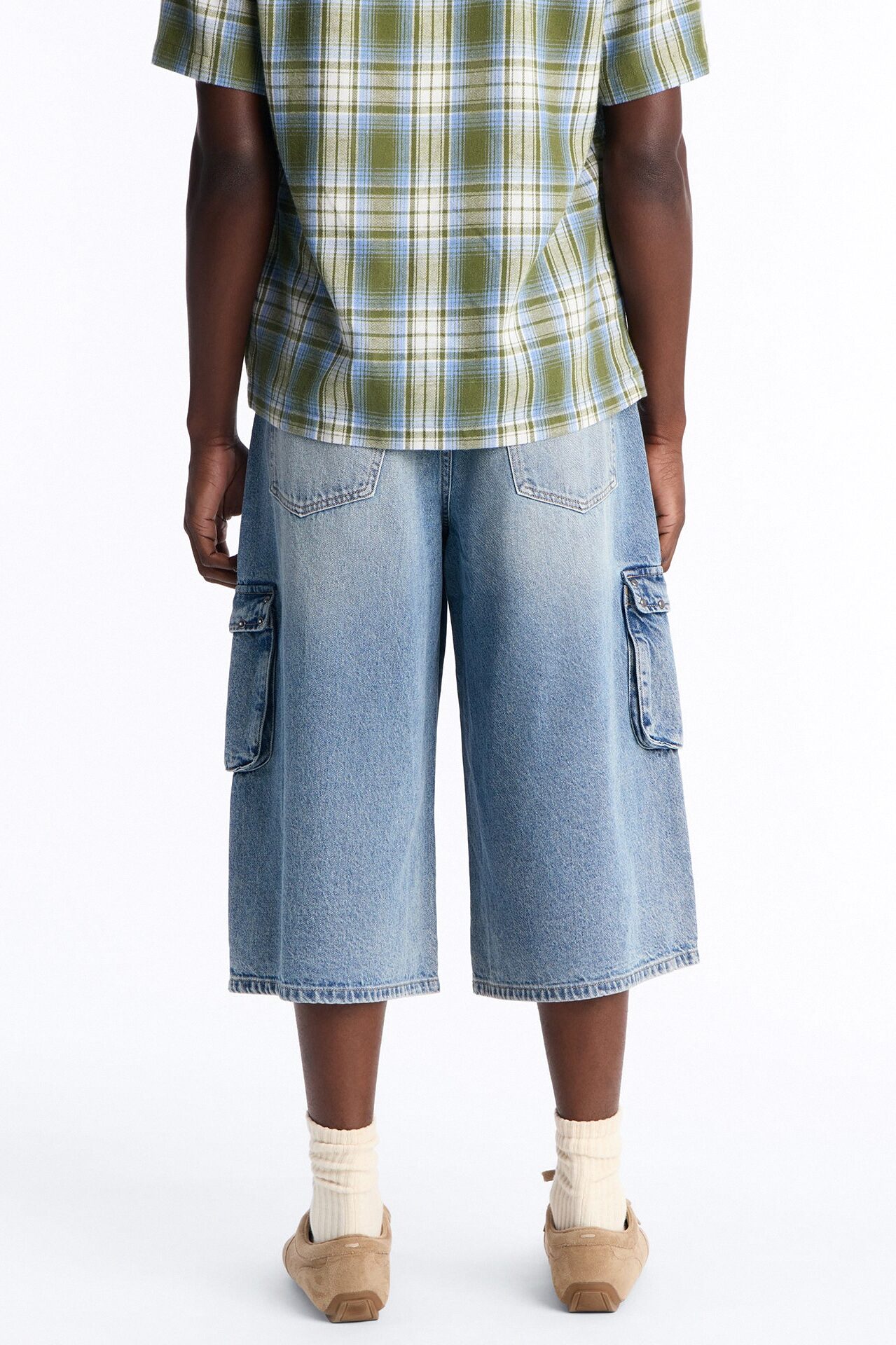 Super Baggy Studded Cargo Denim Short - Medium Blue Wash