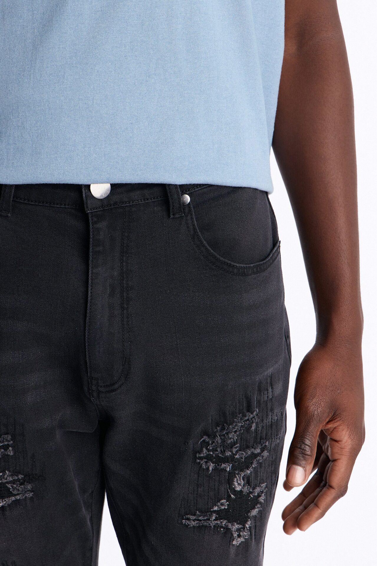 Stacked Skinny Flare Etched Distress Jeans - Black Wash
