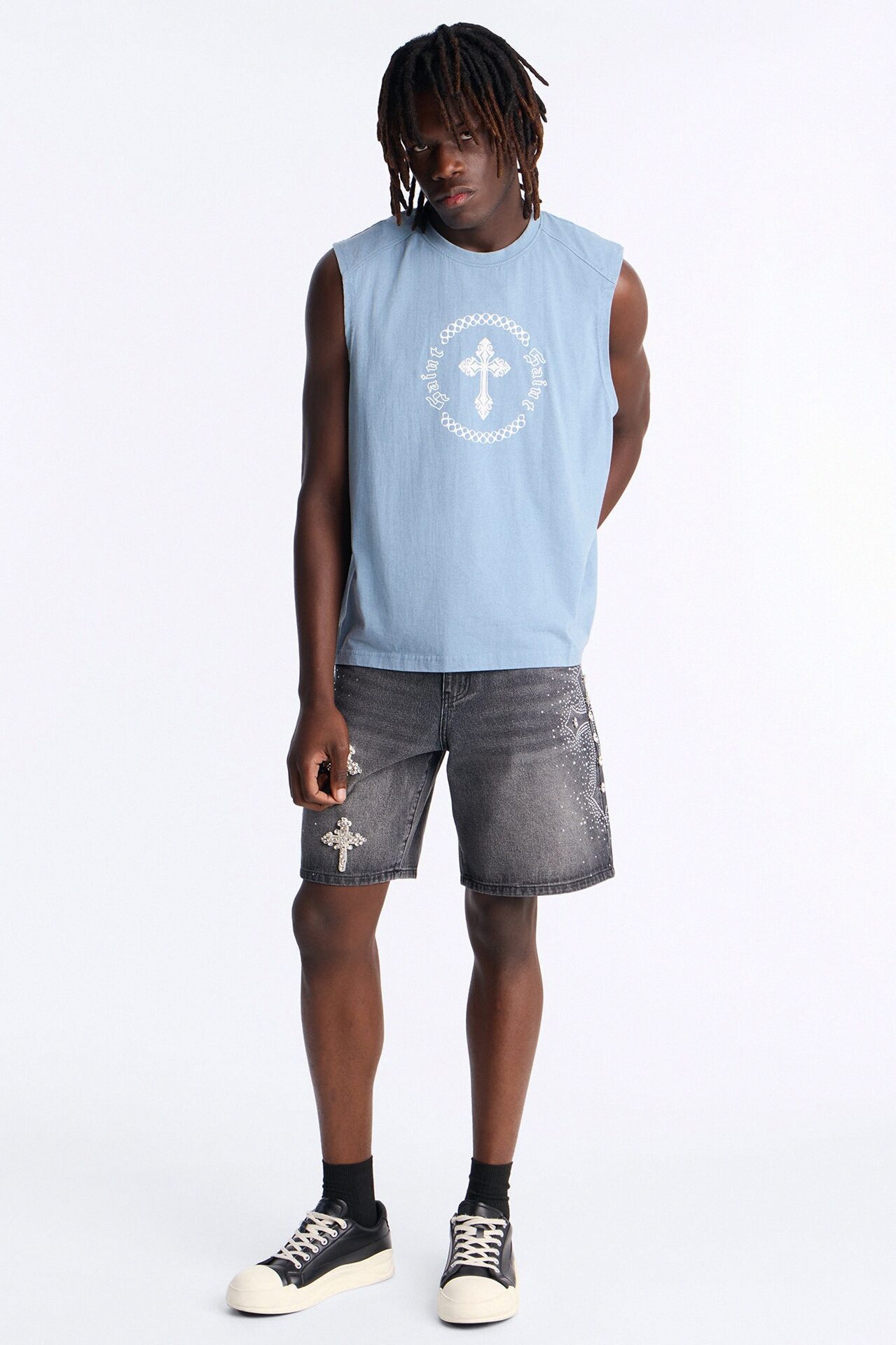 Relaxed Divine Jeweled Cross Denim Short - Black Wash
