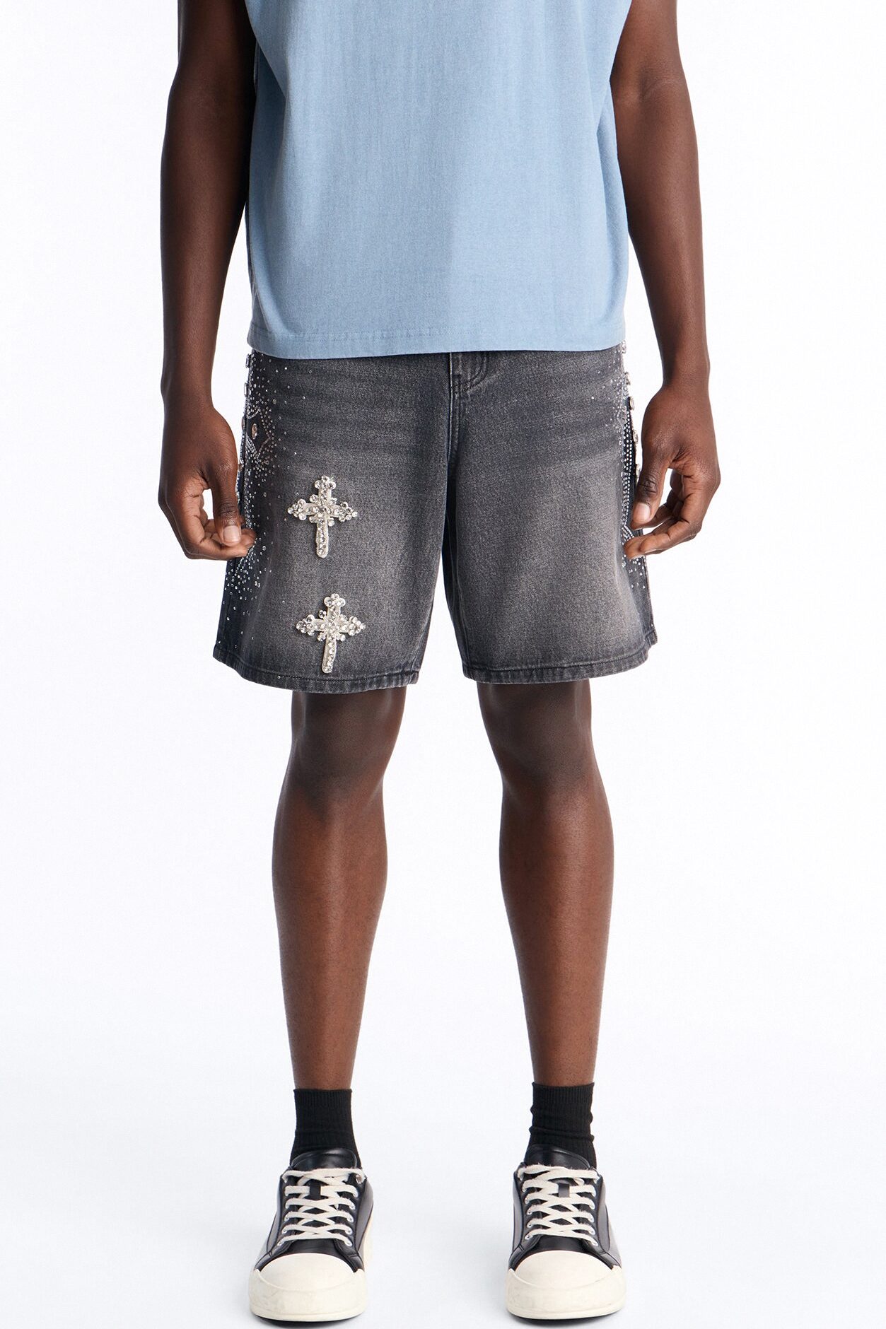 Relaxed Divine Jeweled Cross Denim Short - Black Wash