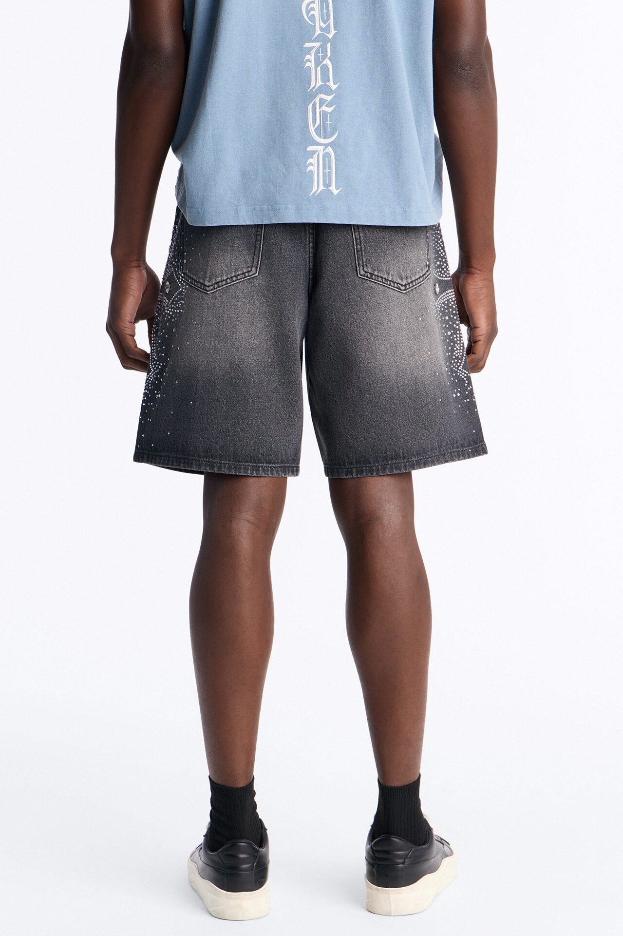 Relaxed Divine Jeweled Cross Denim Short - Black Wash