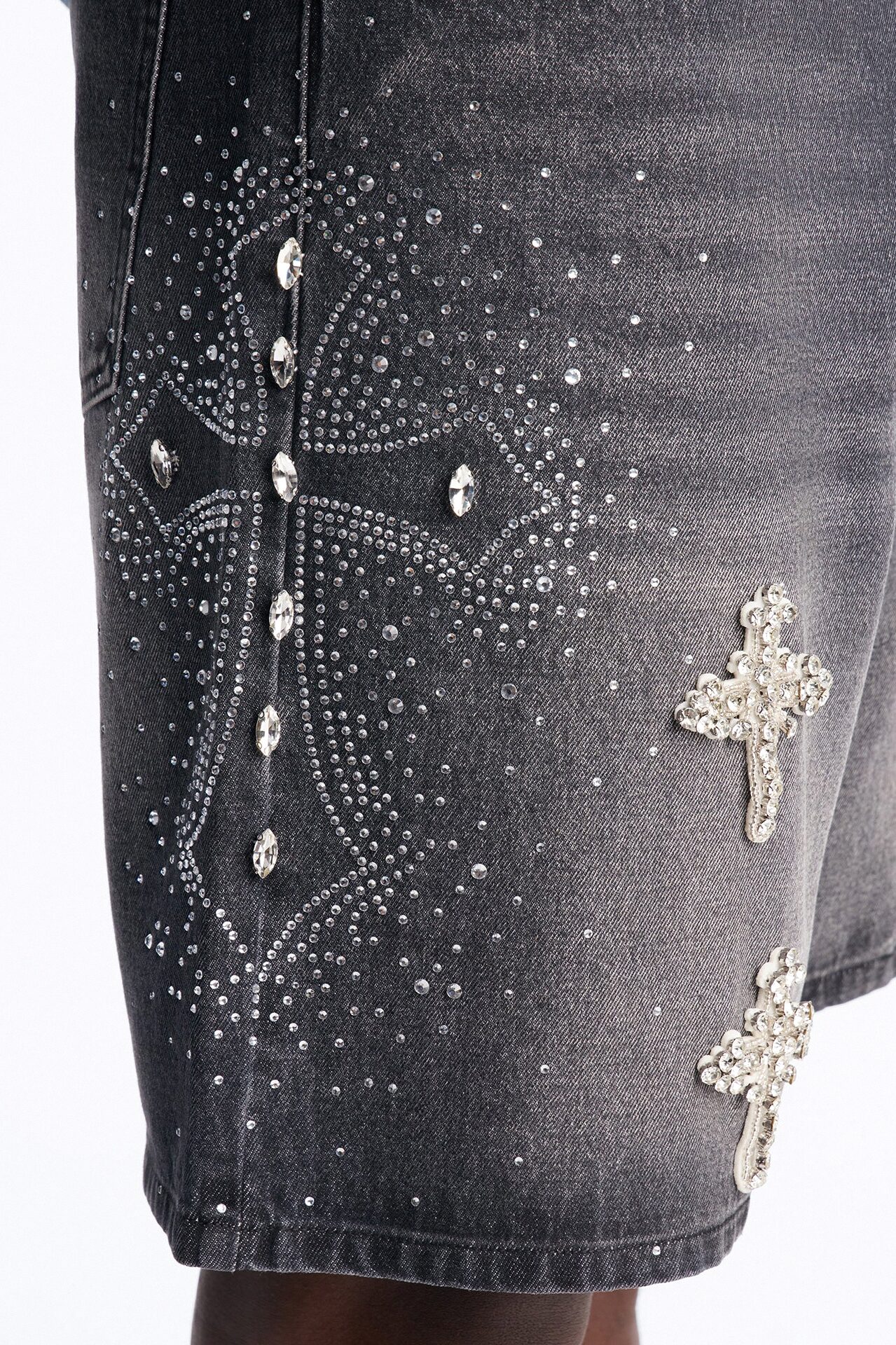 Relaxed Divine Jeweled Cross Denim Short - Black Wash