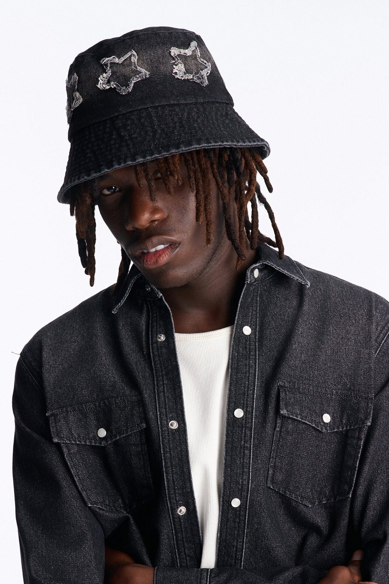Cosmo Distress Denim Bucket Hat - Black Wash