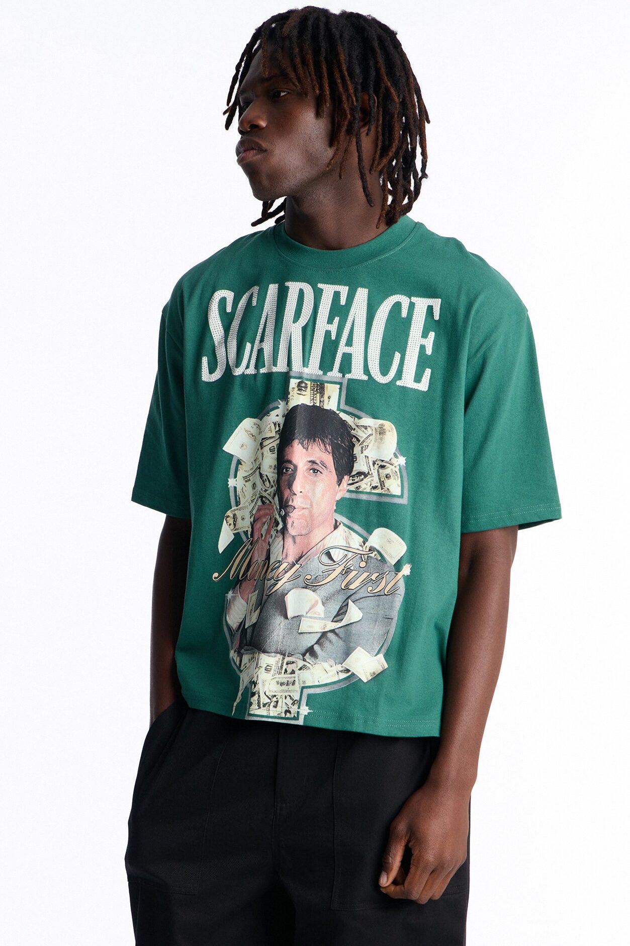 Heavy Weight Scarface Money First Rhinestones Oversized Short Sleeve Tee - Hunter Green