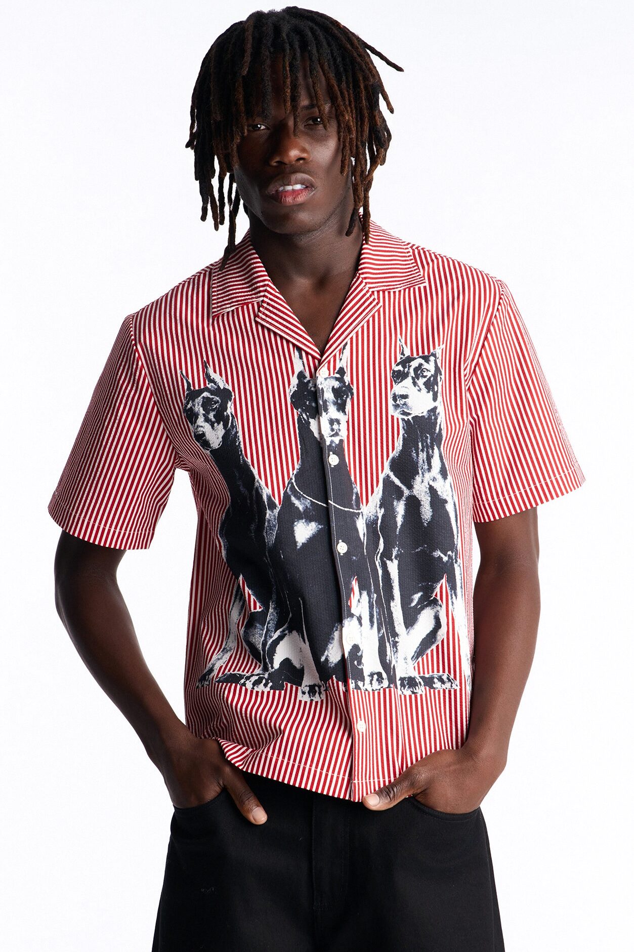 Doberman Seersucker Stripe Cuban Collar Button Up Shirt - Red/combo