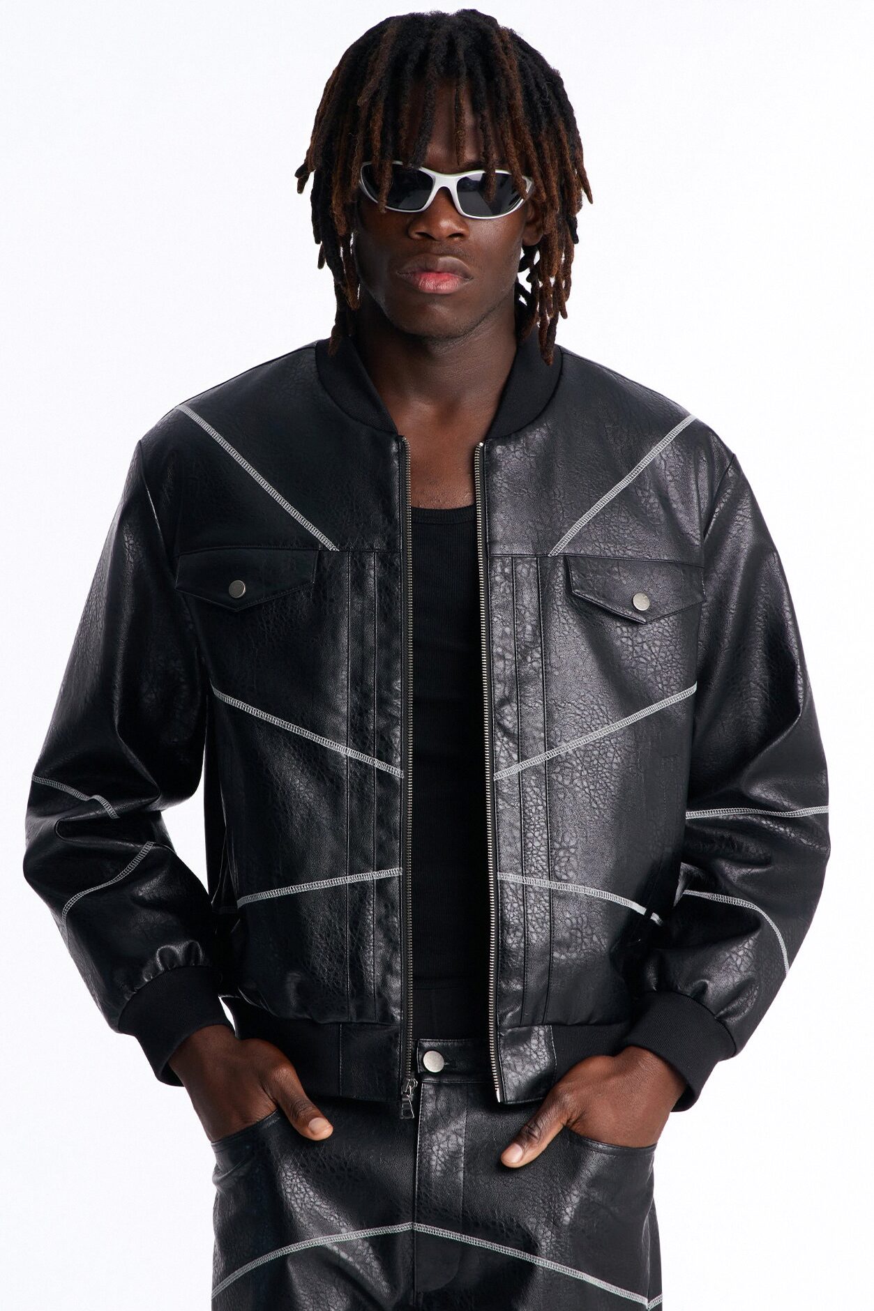 Vintage Chainstitch Faux Leather Bomber Jacket - Black