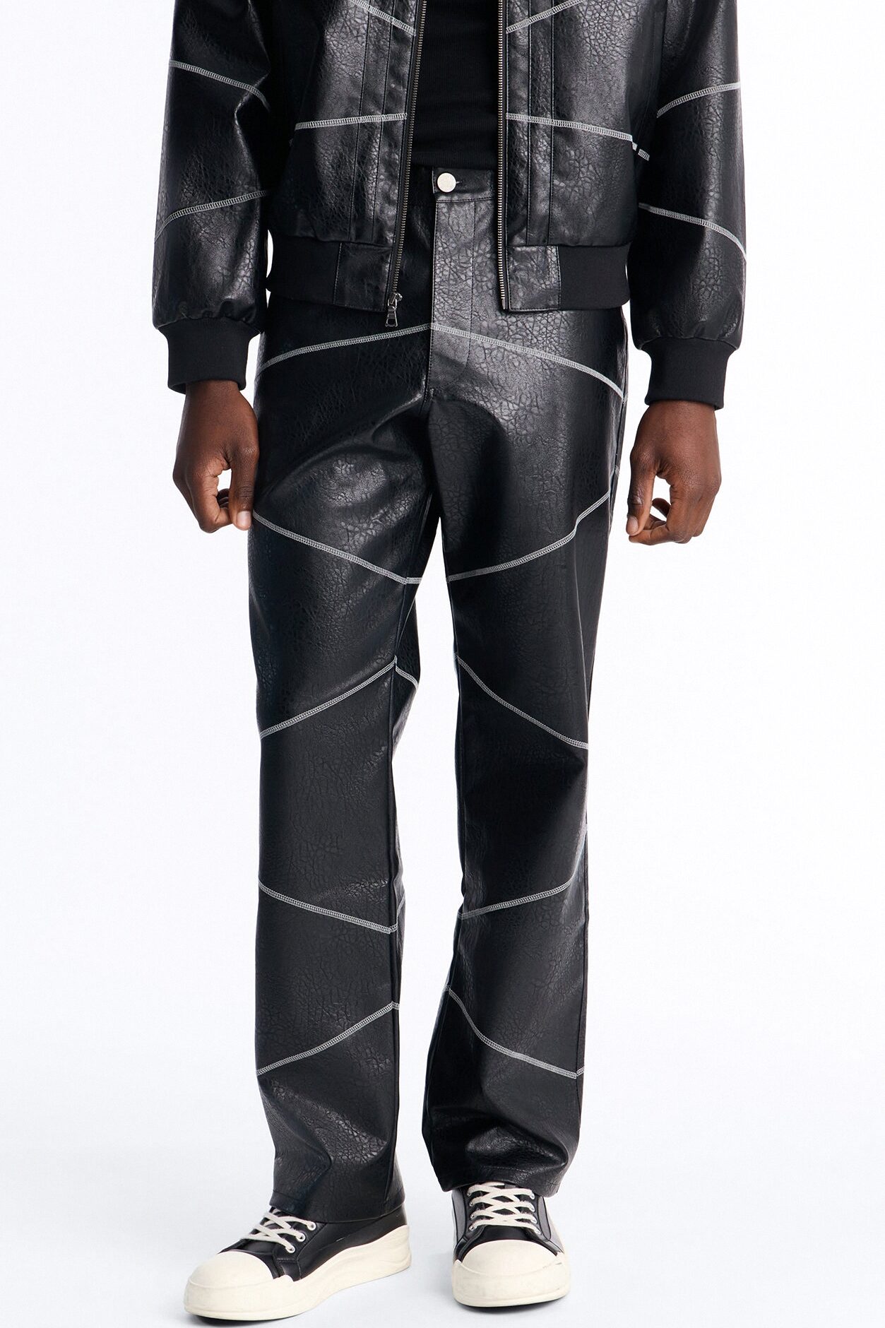 Straight Vintage Chain Stitch Faux Leather Pant - Black