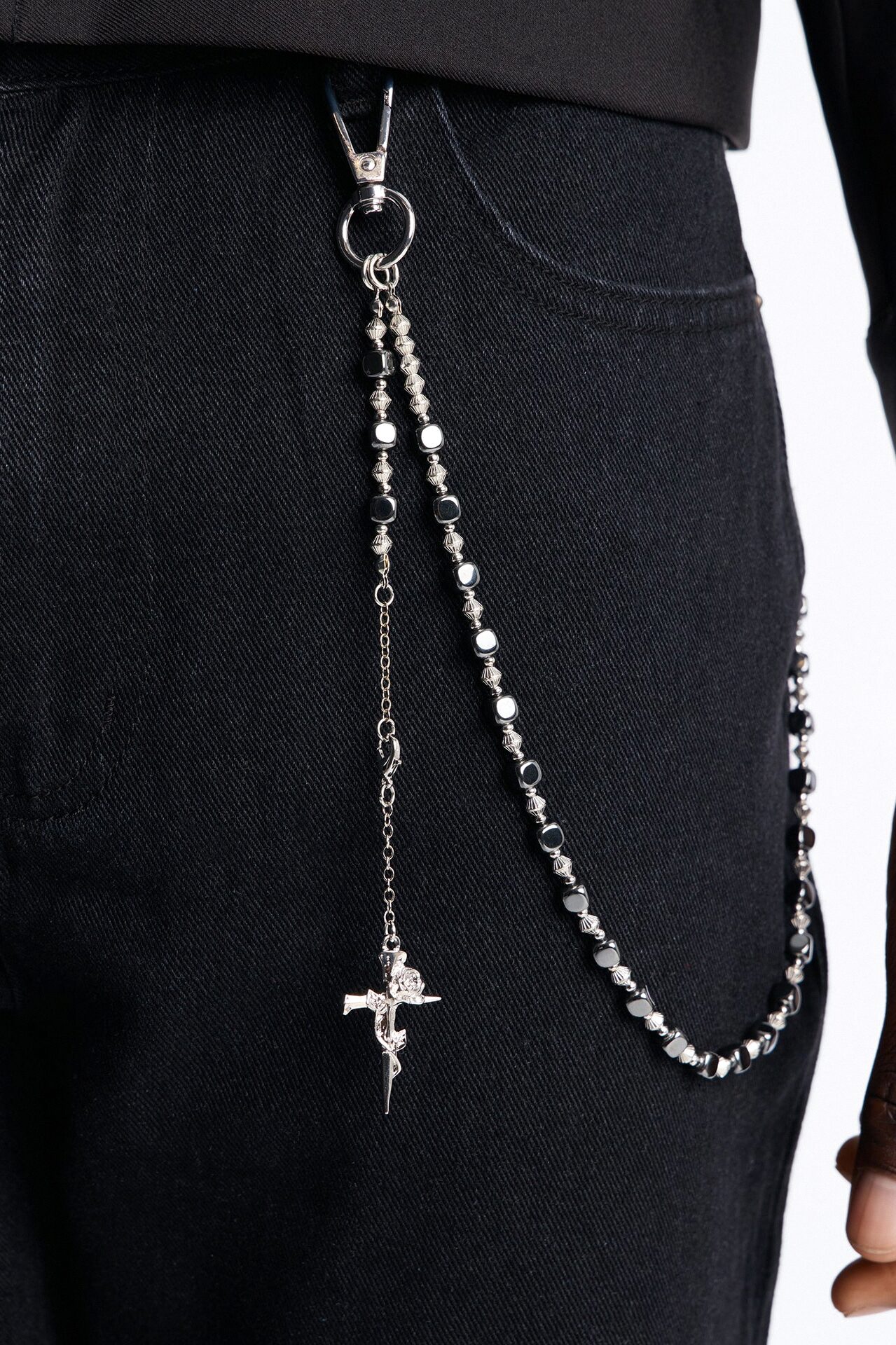 Rose Pendant Beaded Chain Pant Chain - Silver