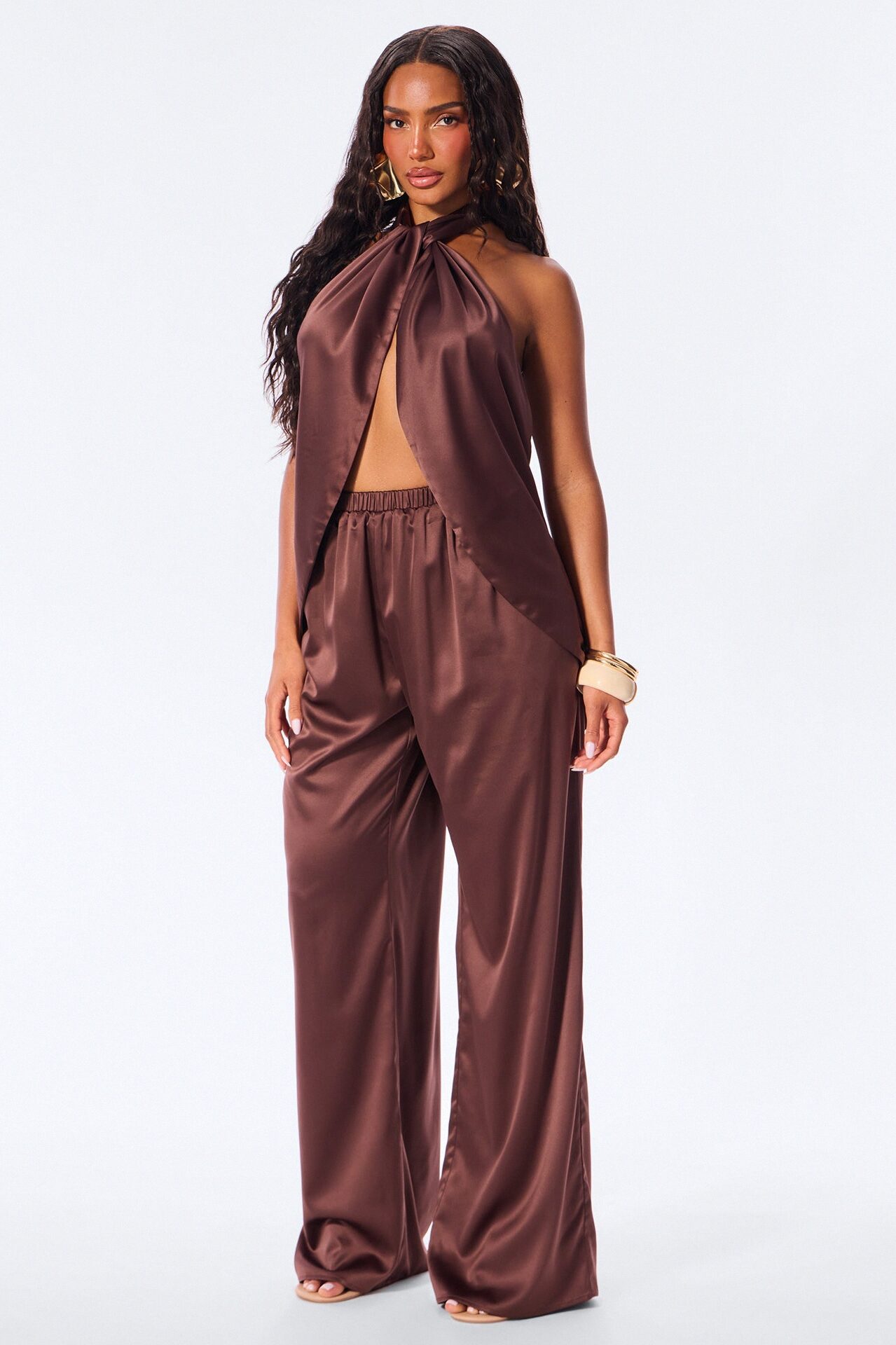 Nova Satin Pant Set - Chocolate