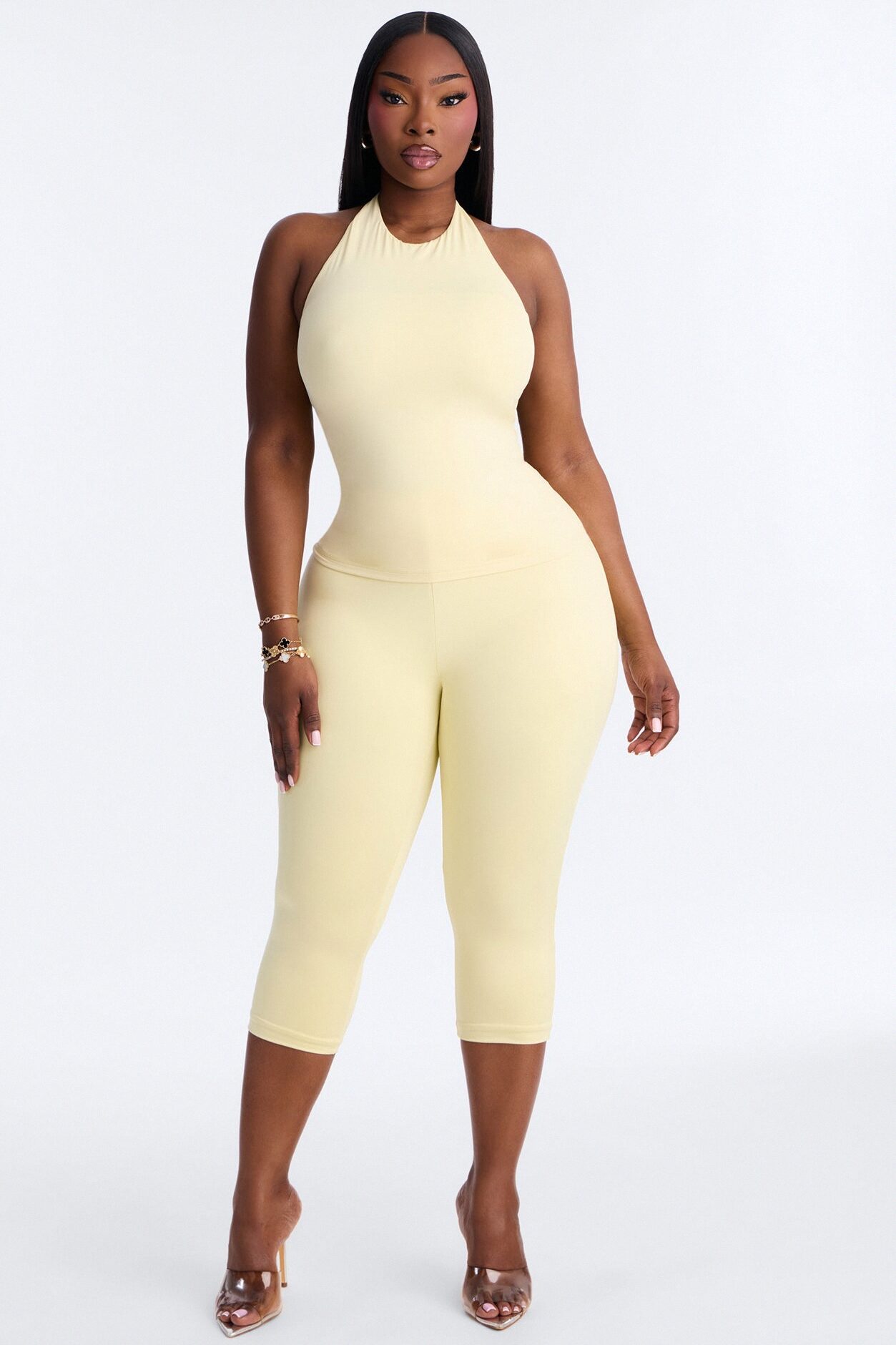 Second Skin Bra Pad Sleeveless Halter Top - Butter Yellow