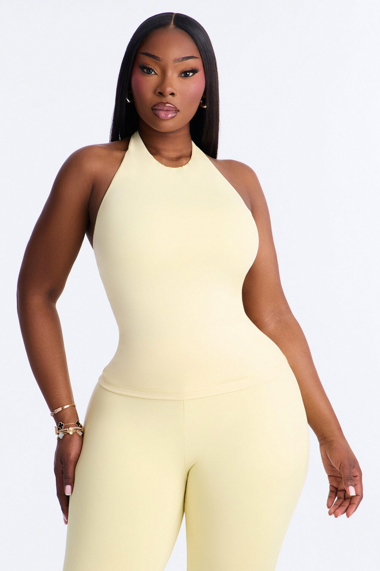 Second Skin Bra Pad Sleeveless Halter Top - Butter Yellow