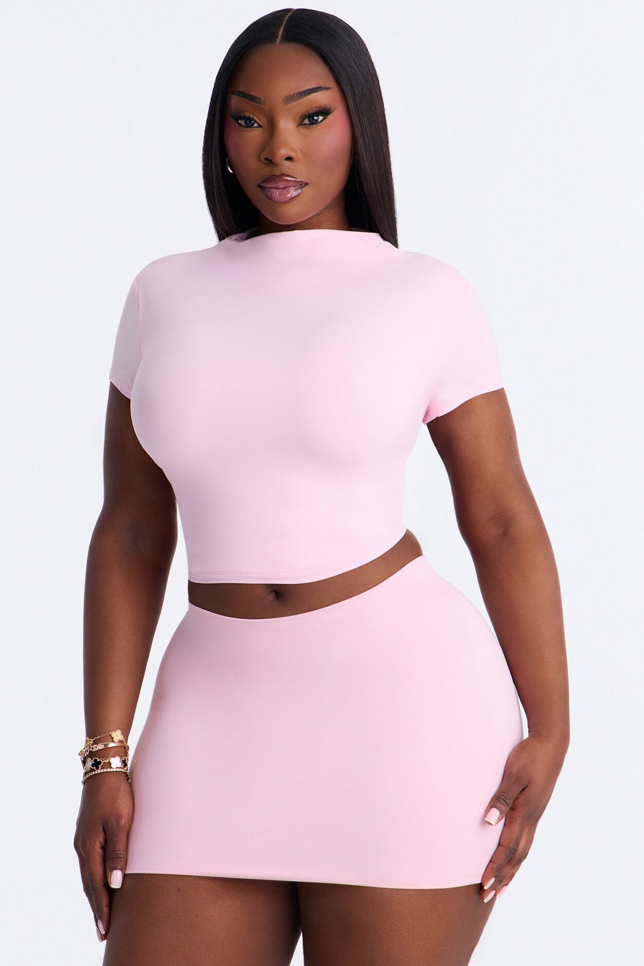 Second Skin Double Lined Mock Neck Short Sleeve Top - Light Pink